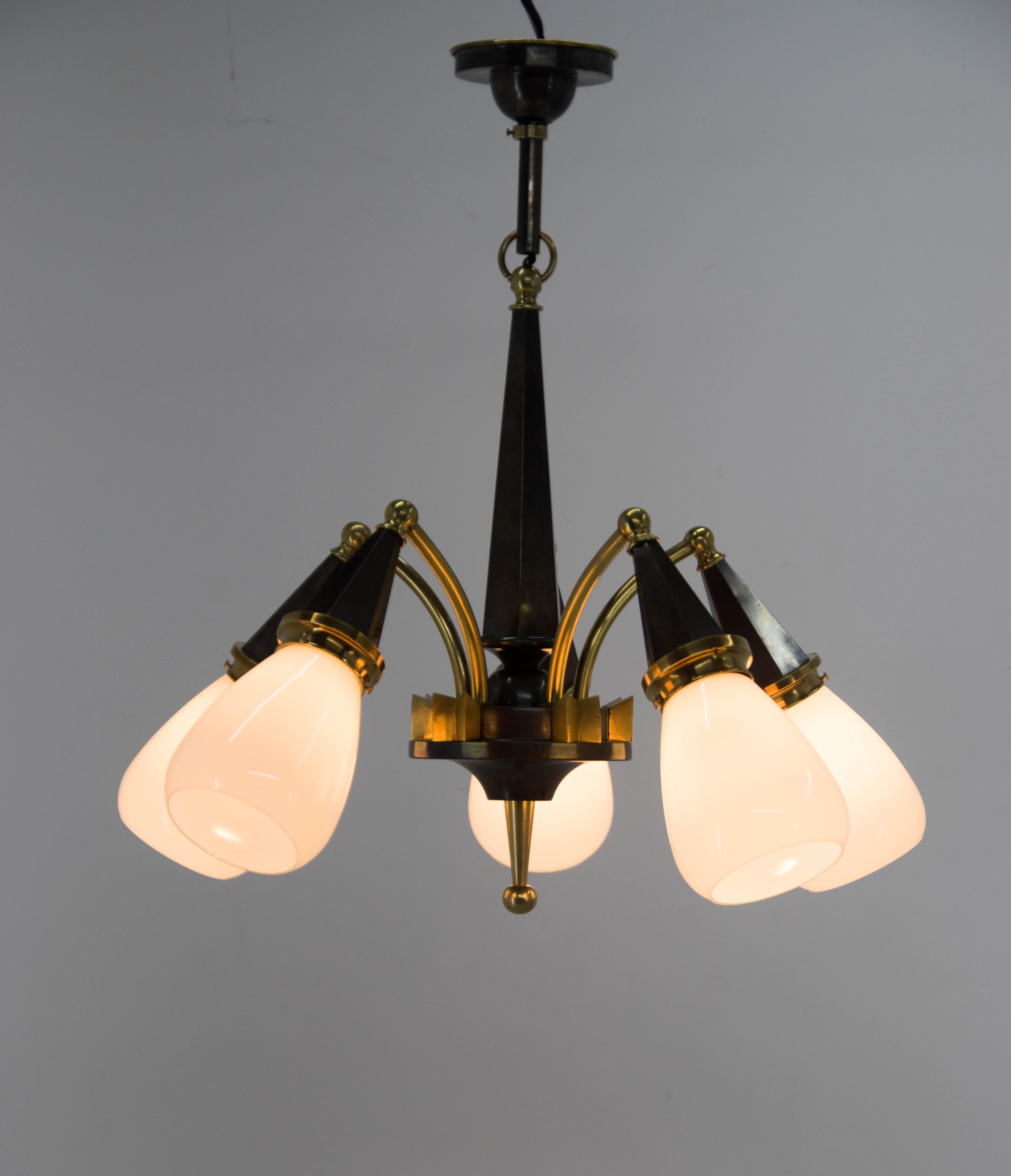Czech Cubism Brass and Glass Chandelier, 1930s, Perfect Condition For Sale
