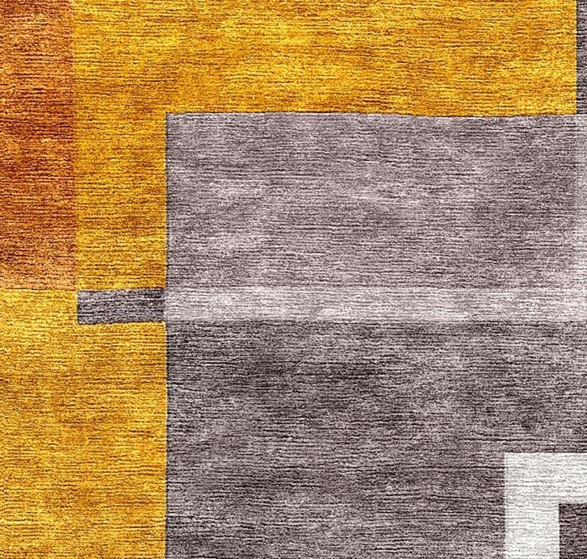 Noué à la main Tapis en soie réfracturée cubiste or béton noué à la main design moderne contemporain et contemporain en vente