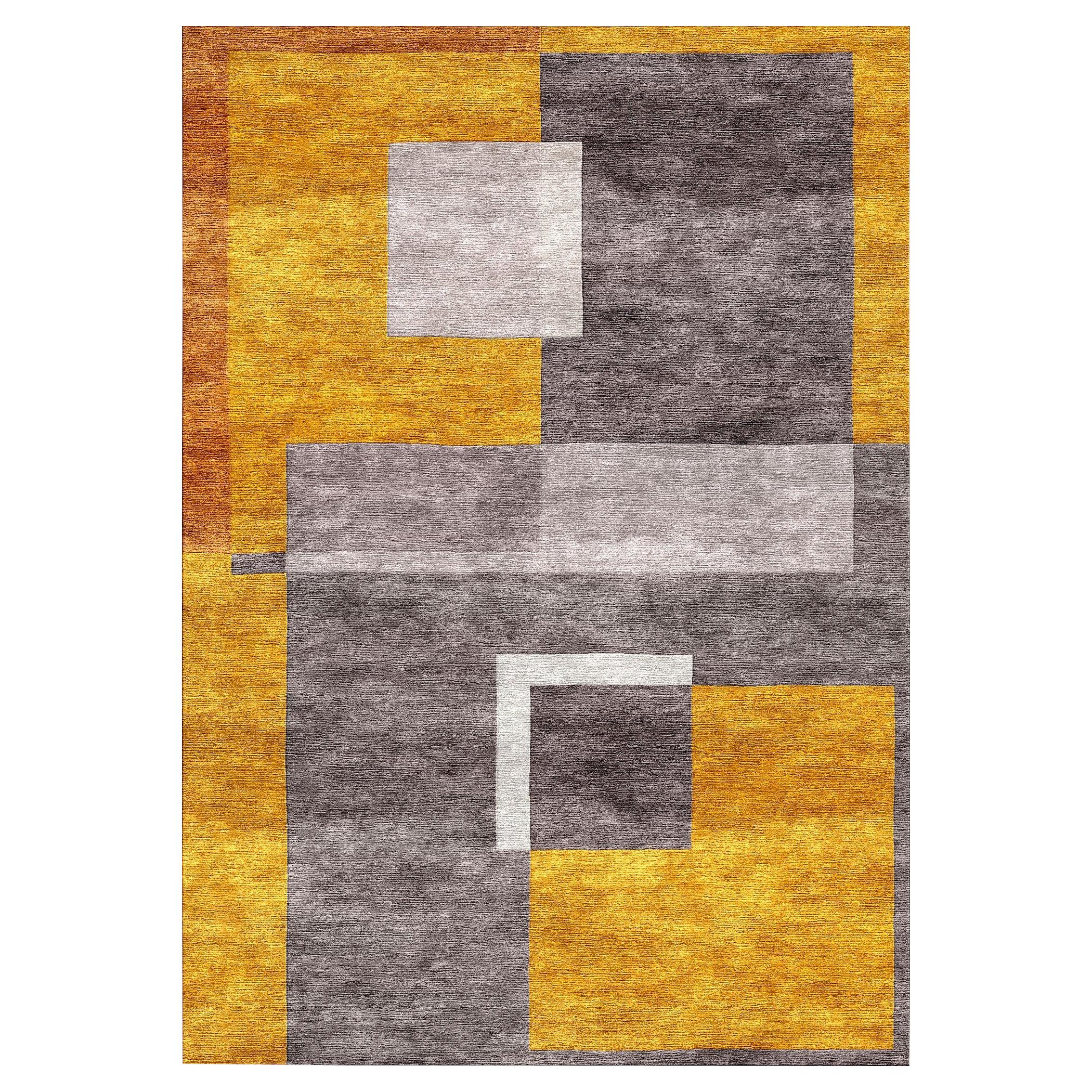 Tapis en soie réfracturée cubiste or béton noué à la main design moderne contemporain et contemporain
