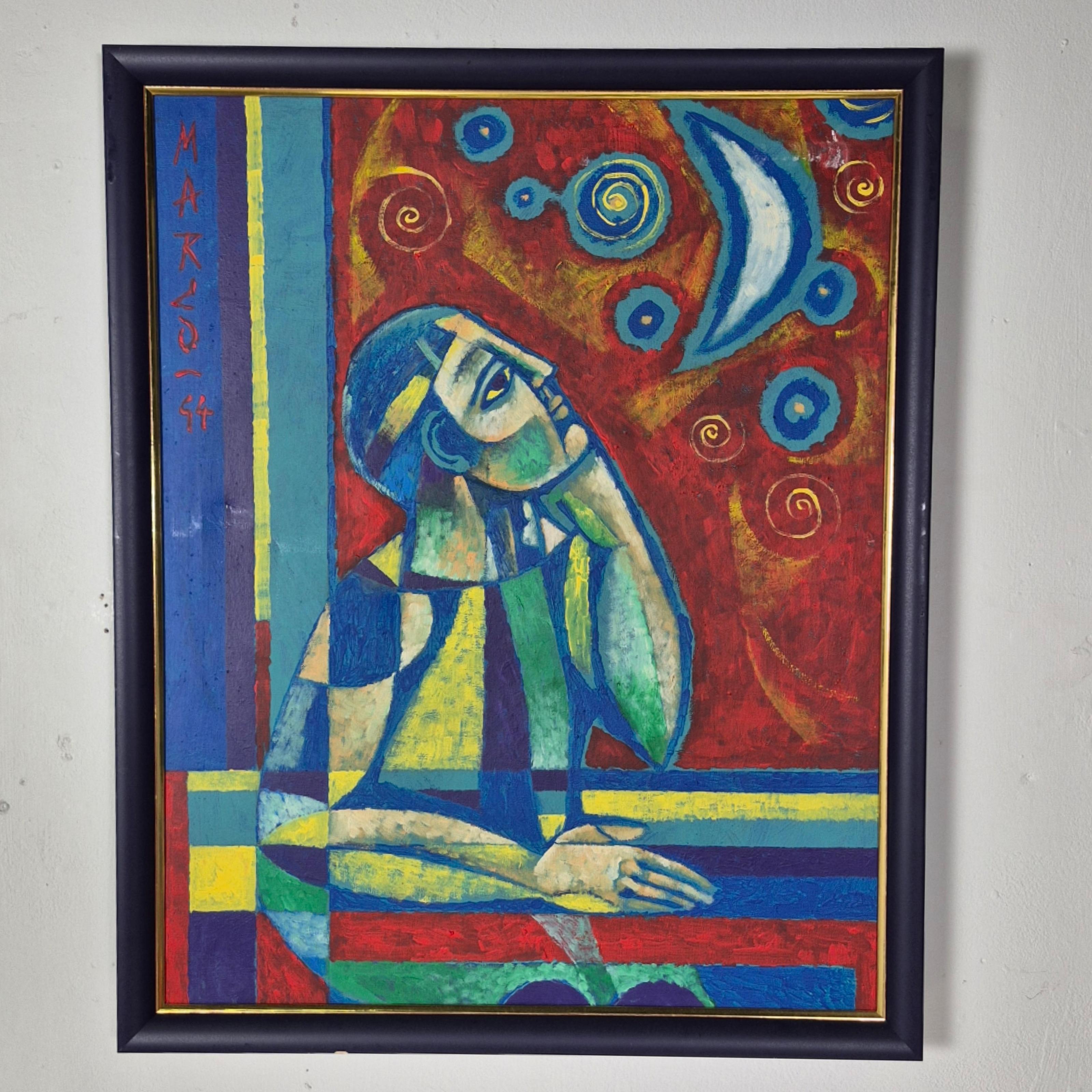 Colorful cubist painting by German artist Marco de Lucca. Made in 1994. Dated and signed. 
The piece was obtained from the personal collection of German sculptor Dieter Eichelmann. Professionally framed and ready to be an eye catcher and