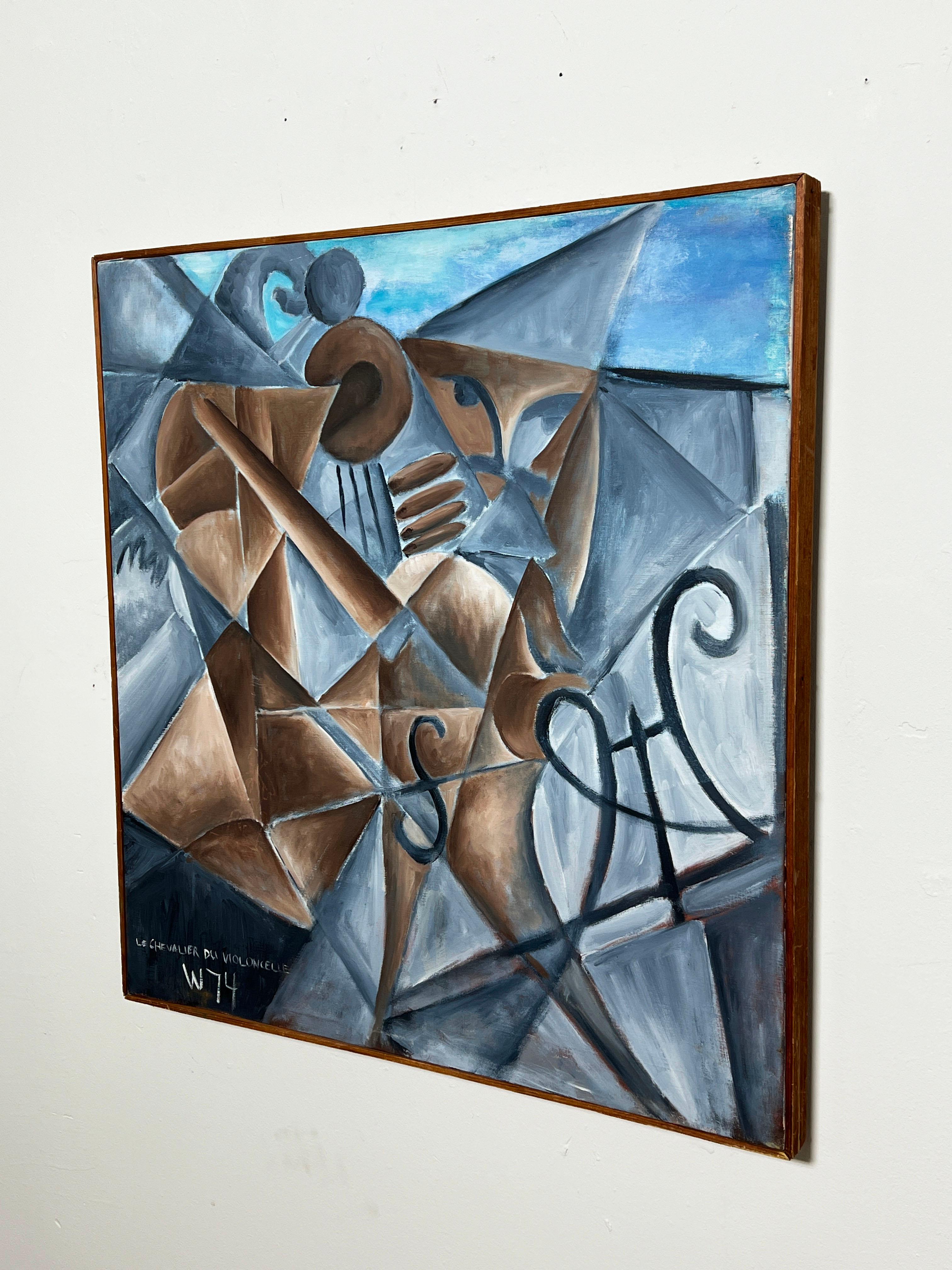 A modern abstract cubist composition in the manner of the jazz age paintings of Stuart Davis, entitled “The Knight of the Cello” (translated from French), dated 1974, signed Woodson Smith.
