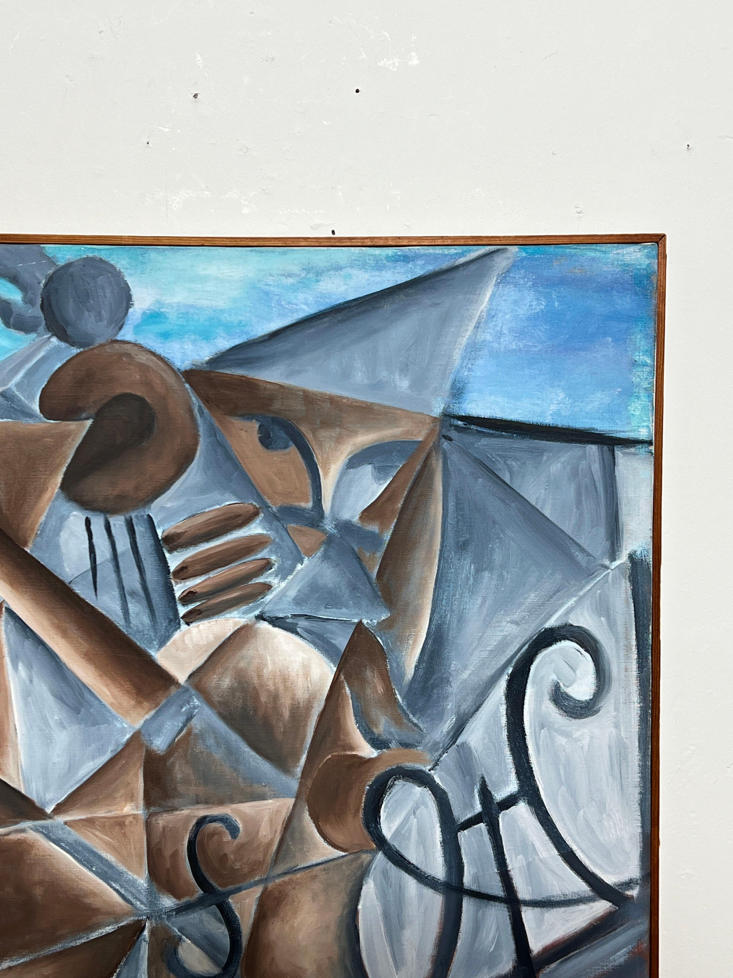 Mid-Century Modern Peinture abstraite cubiste intitulée « Le chevalier du Cello » et datée de 1974