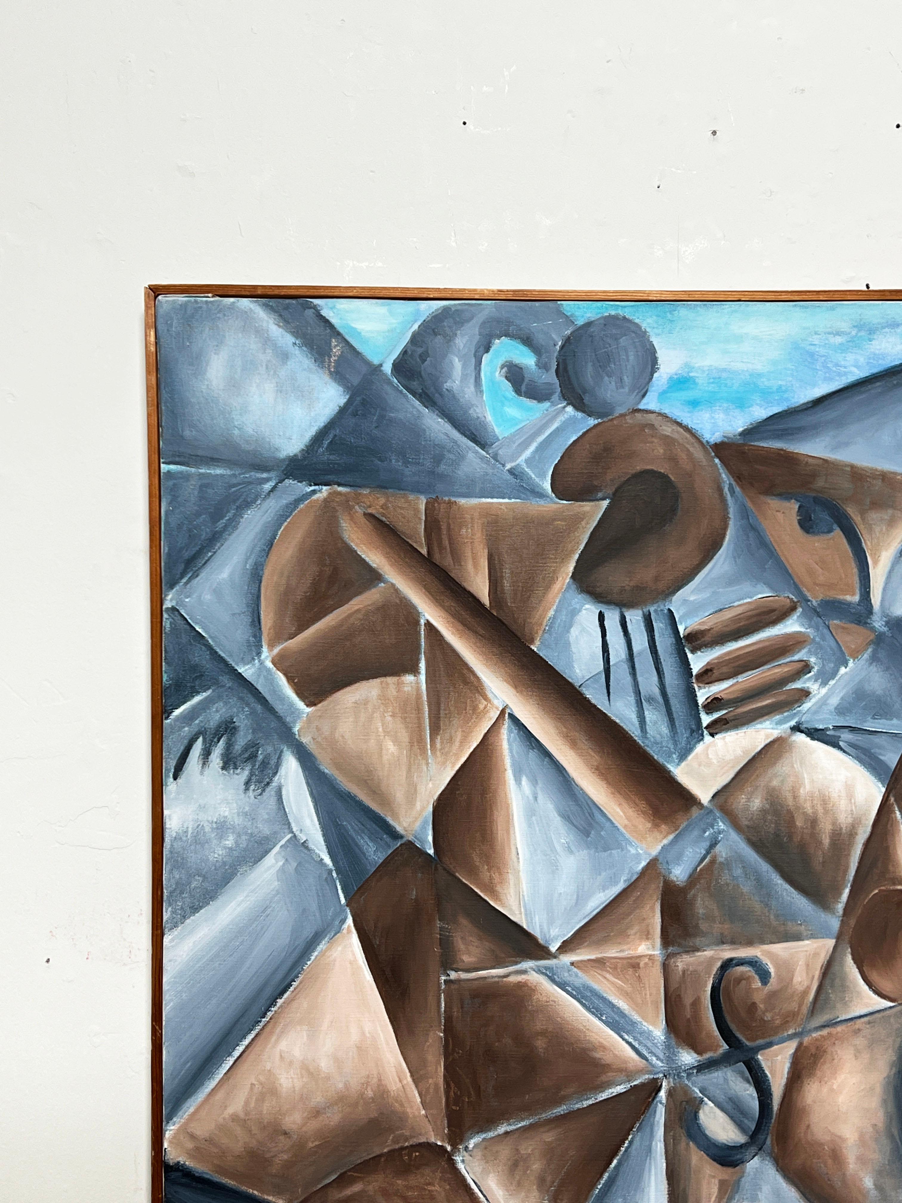 Américain Peinture abstraite cubiste intitulée « Le chevalier du Cello » et datée de 1974