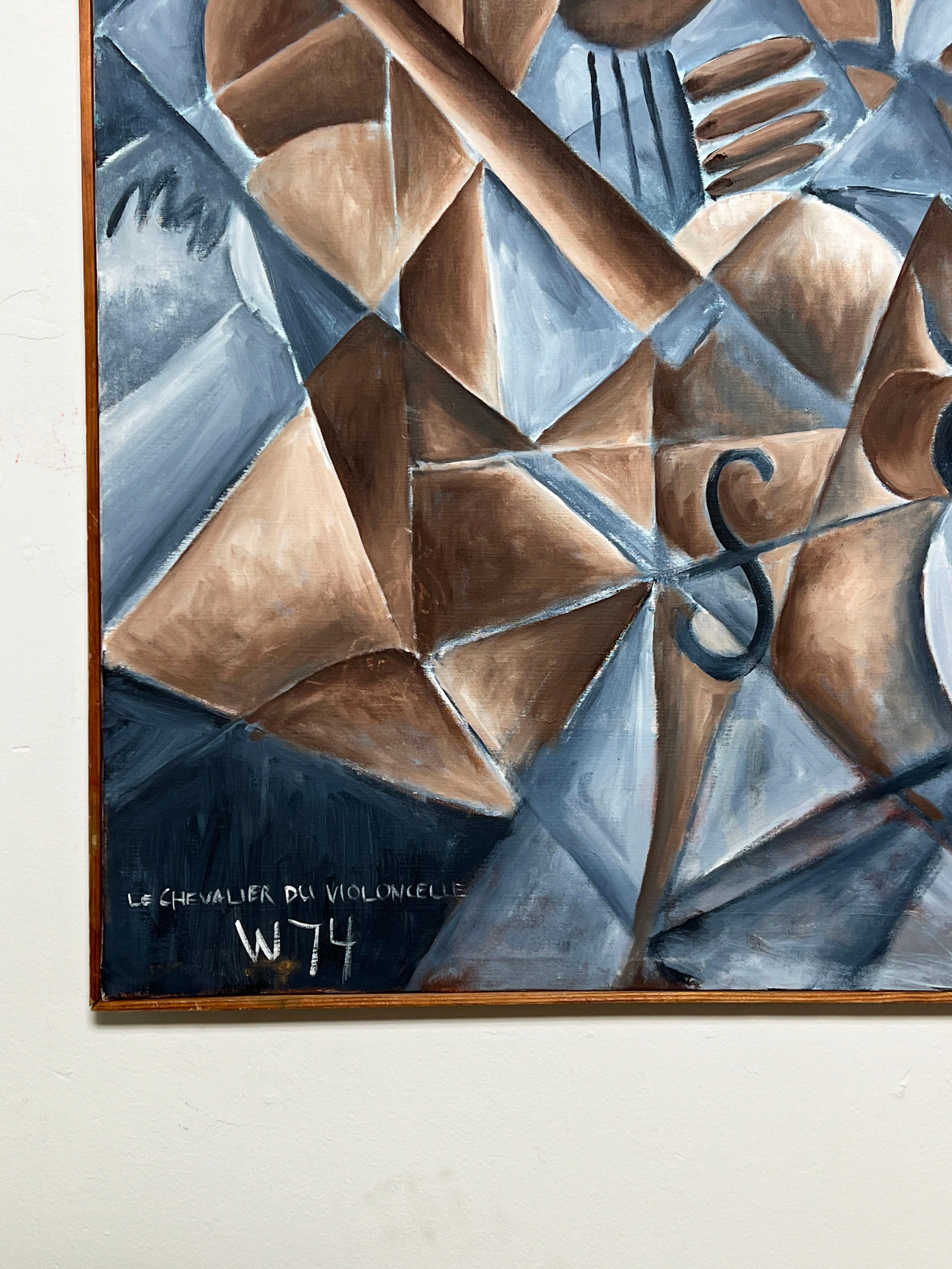 Peinture abstraite cubiste intitulée « Le chevalier du Cello » et datée de 1974 Bon état à Peabody, MA