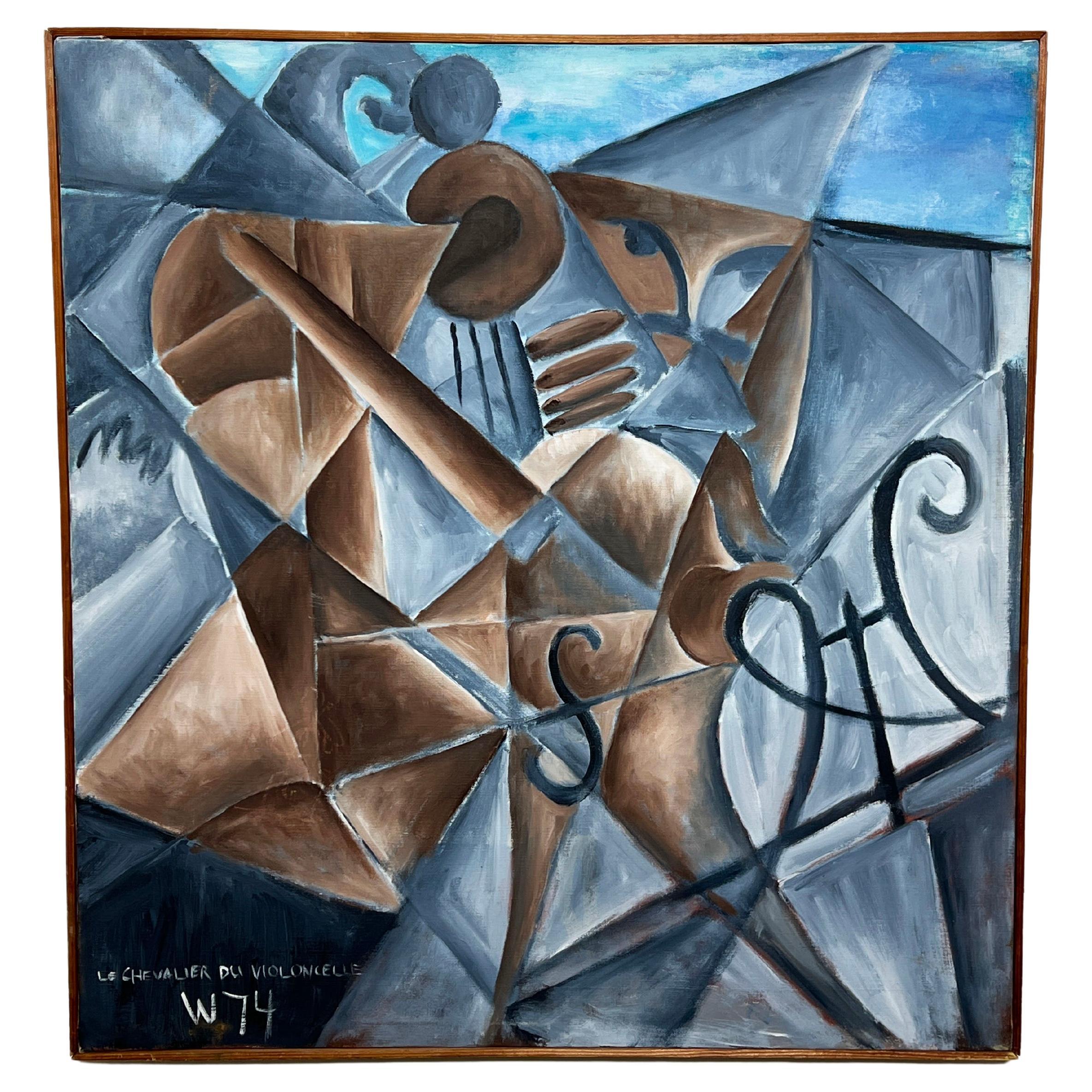 Peinture abstraite cubiste intitulée « Le chevalier du Cello » et datée de 1974