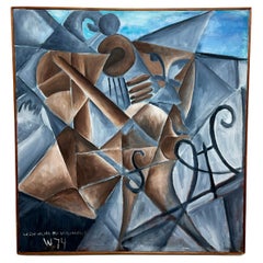 Vintage Cubist Abstract Painting Titled "The Knight of the Cello" Dated 1974