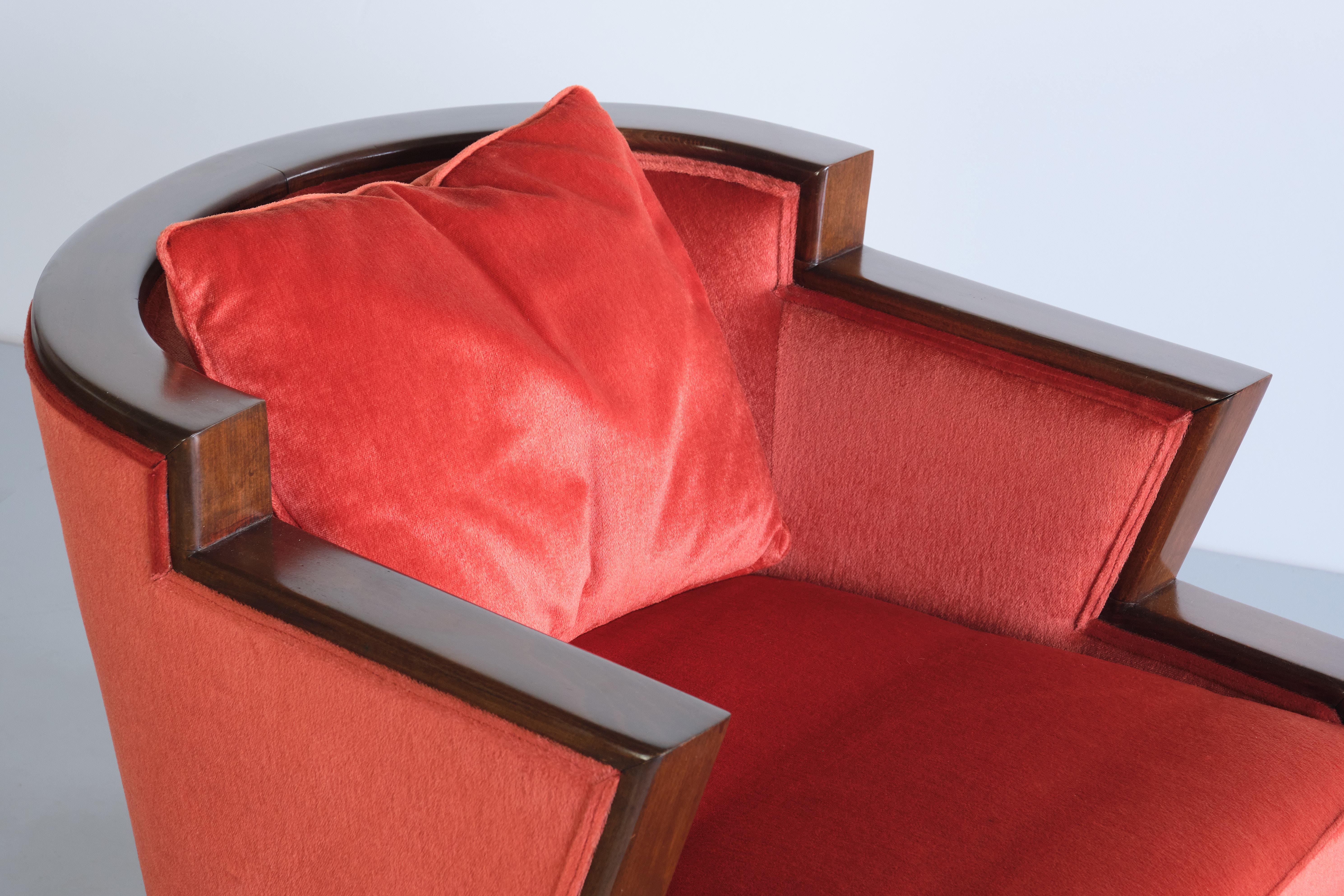 Early 20th Century Cubist Art Deco Armchair in Vermilion Mohair Velvet and Maple, Belgium, 1920s For Sale