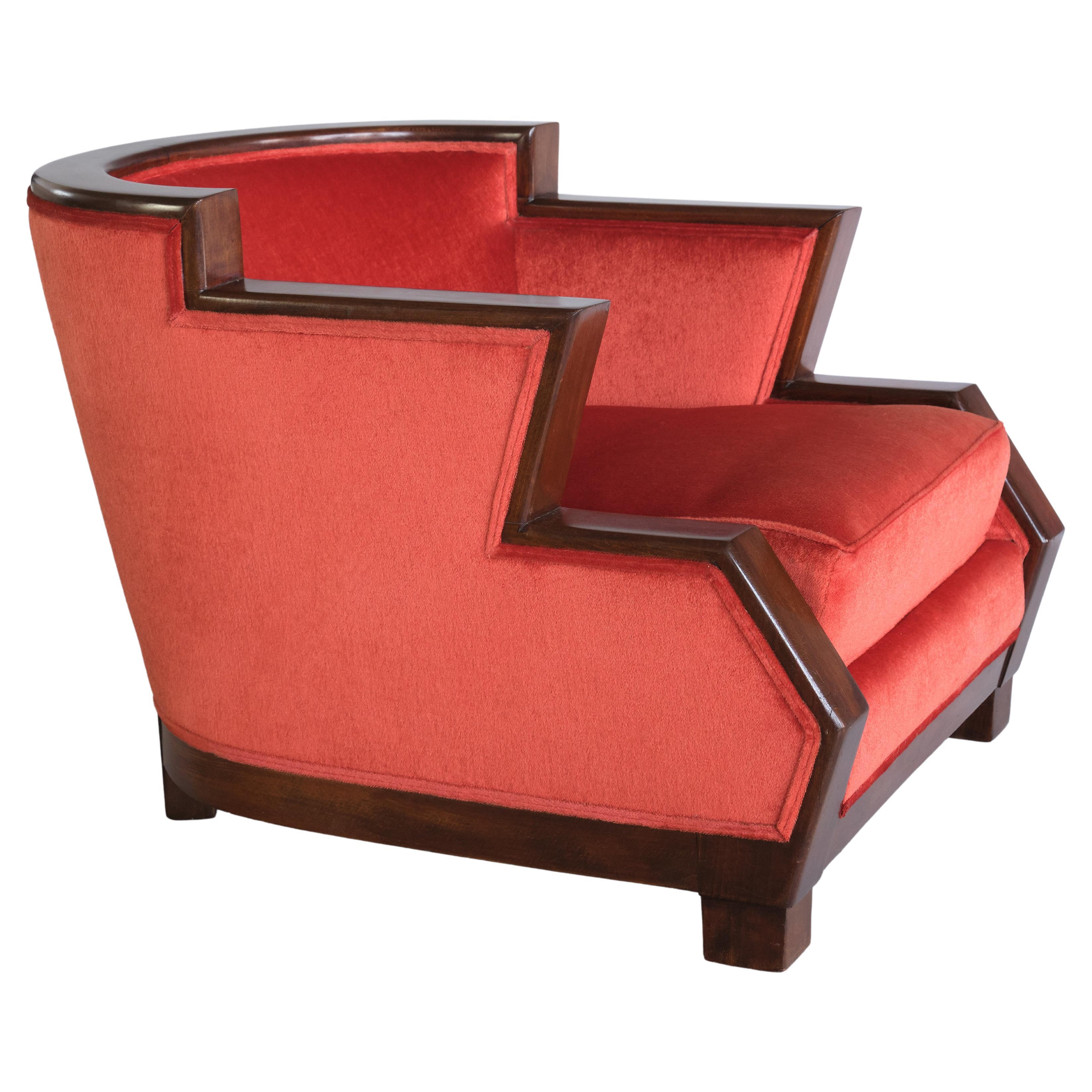 Cubist Art Deco Armchair in Vermilion Mohair Velvet and Maple, Belgium, 1920s