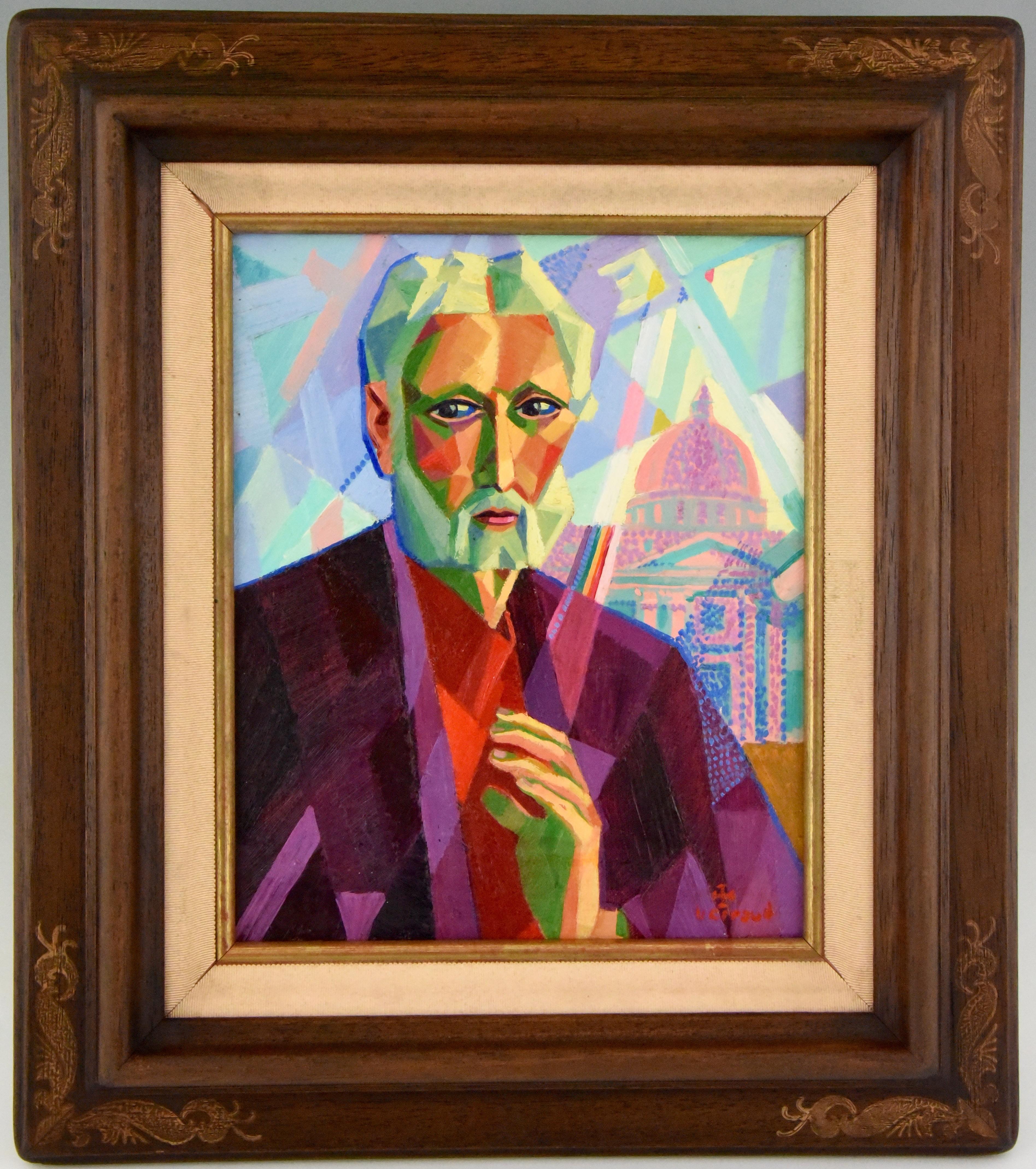 Cubist painting portrait of a man standing in front of
Saint Peter’s Basilica in Rome by the French artist Louis Giraud.
1930-1940
Louis Giraud is a painter and well known for the ceramics he created for Vallauris.
Size of the frame:
H. 42.5 cm