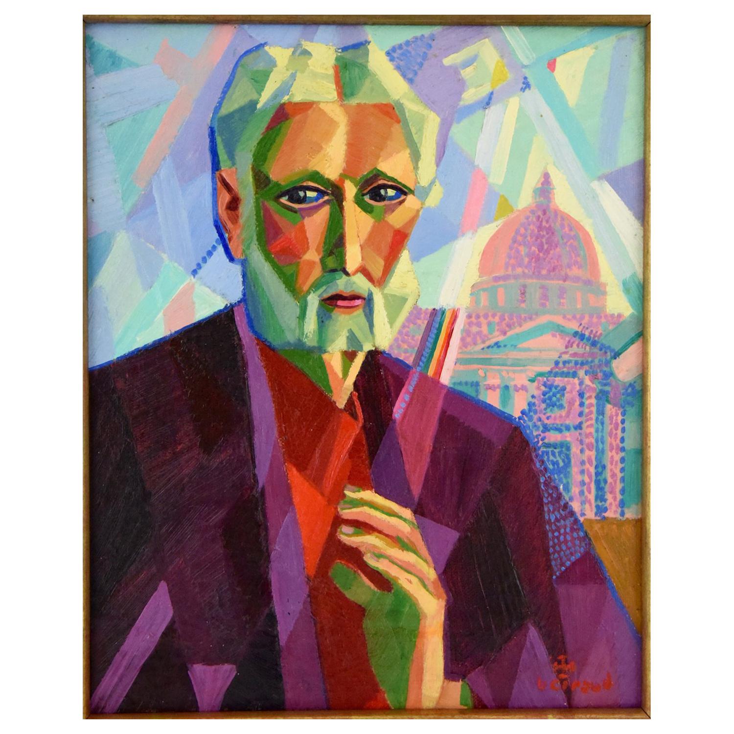 Cubist Art Deco Painting Man in Rome Louis Giraud France