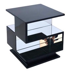 Cubist Art Déco Coffee Table, Black Lacquer & Mirror, France, 1930