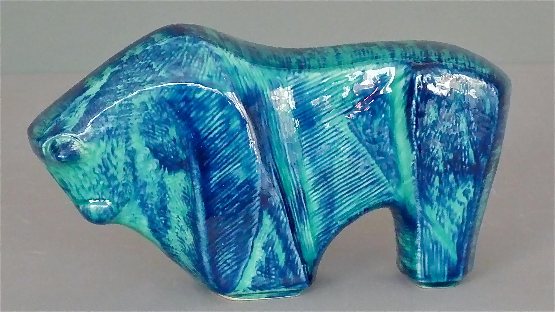 Italian Cubist Bison Bull Sculpture Art Deco Style Blue Ceramic Italy 1970s Bitossi Era For Sale