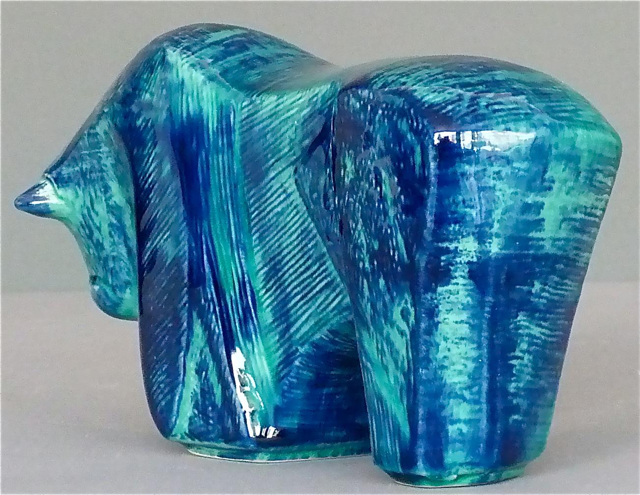 Glazed Cubist Bison Bull Sculpture Art Deco Style Blue Ceramic Italy 1970s Bitossi Era For Sale