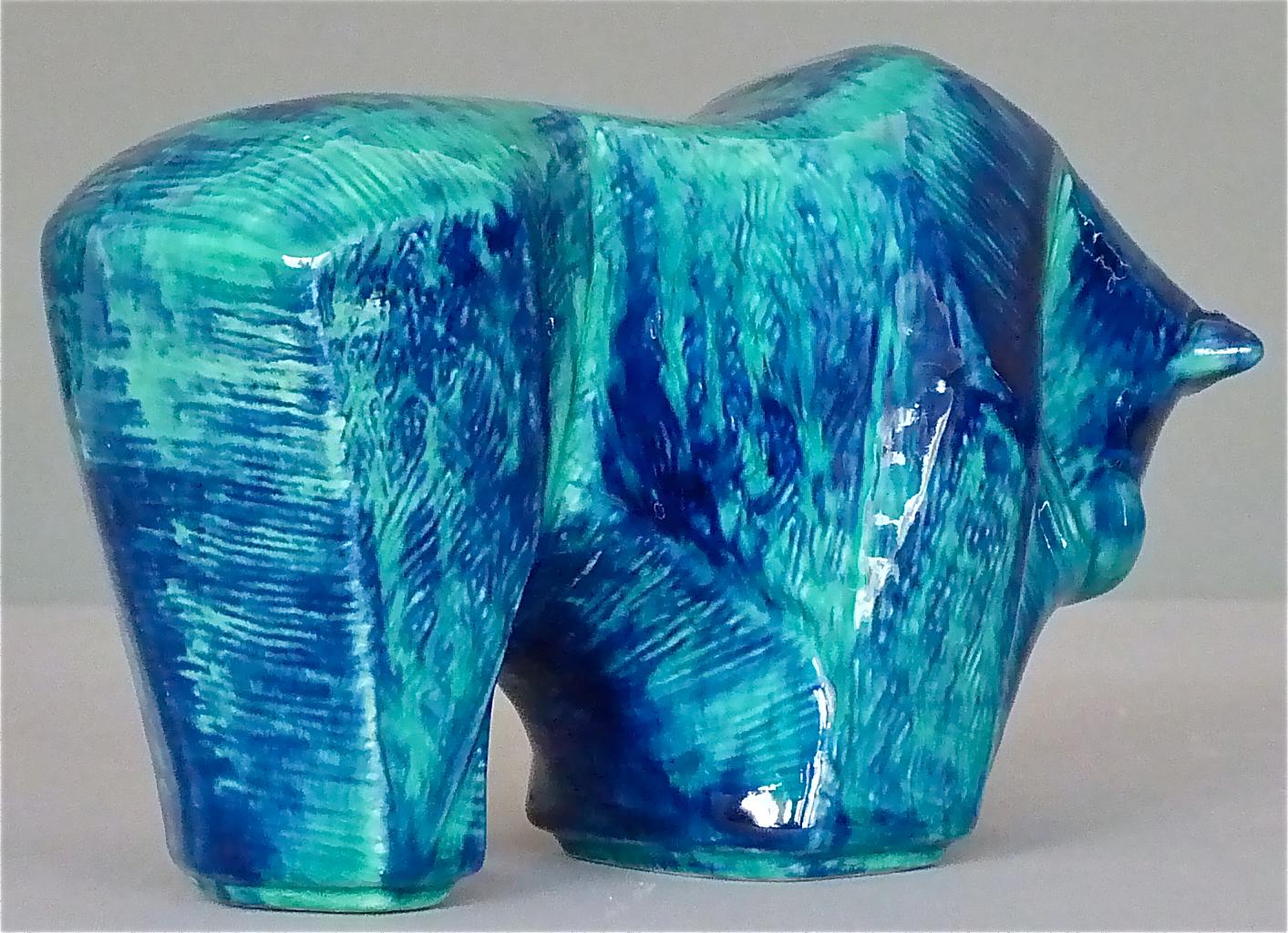 Late 20th Century Cubist Bison Bull Sculpture Art Deco Style Blue Ceramic Italy 1970s Bitossi Era For Sale