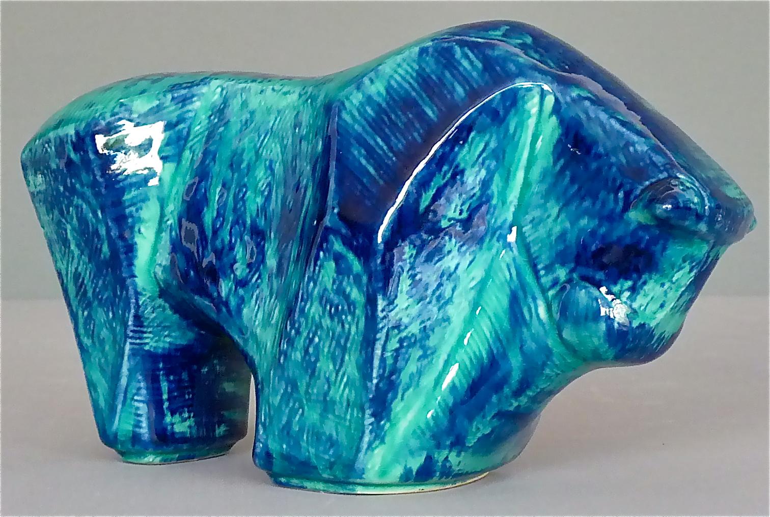 Cubist Bison Bull Sculpture Art Deco Style Blue Ceramic Italy 1970s Bitossi Era For Sale 1