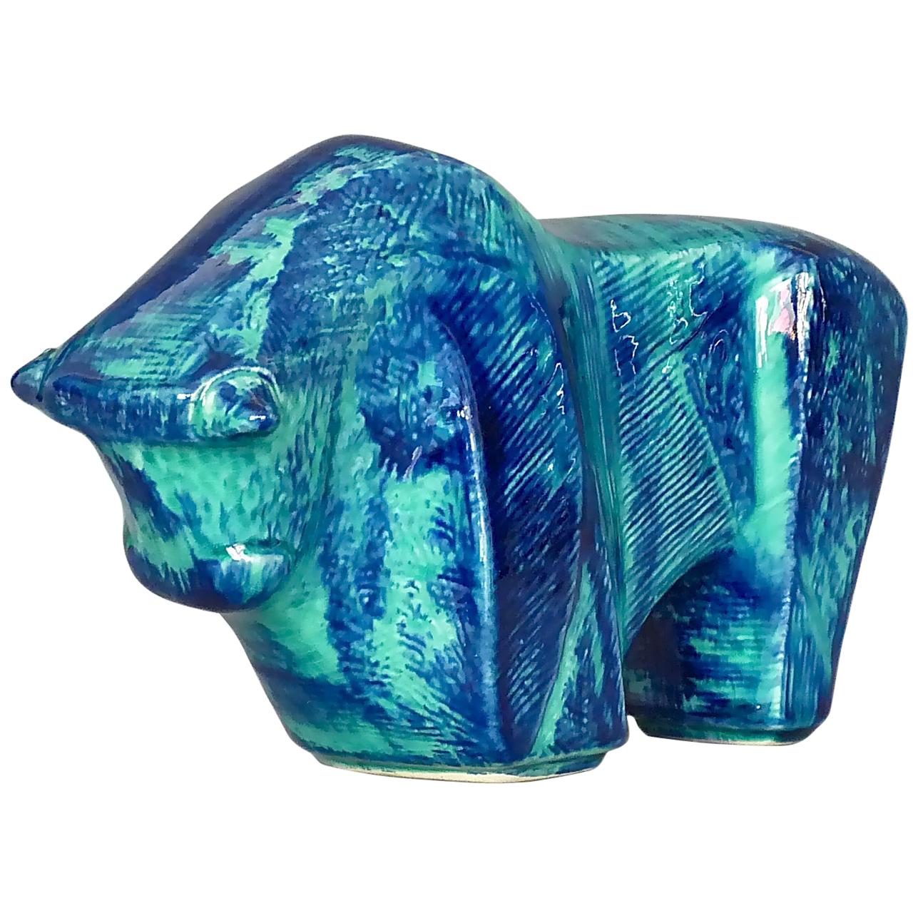 Cubist Bison Bull Sculpture Art Deco Style Blue Ceramic Italy 1970s Bitossi Era For Sale