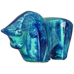 Cubist Bison Bull Sculpture Art Deco Style Blue Ceramic Italy 1970s Bitossi Era