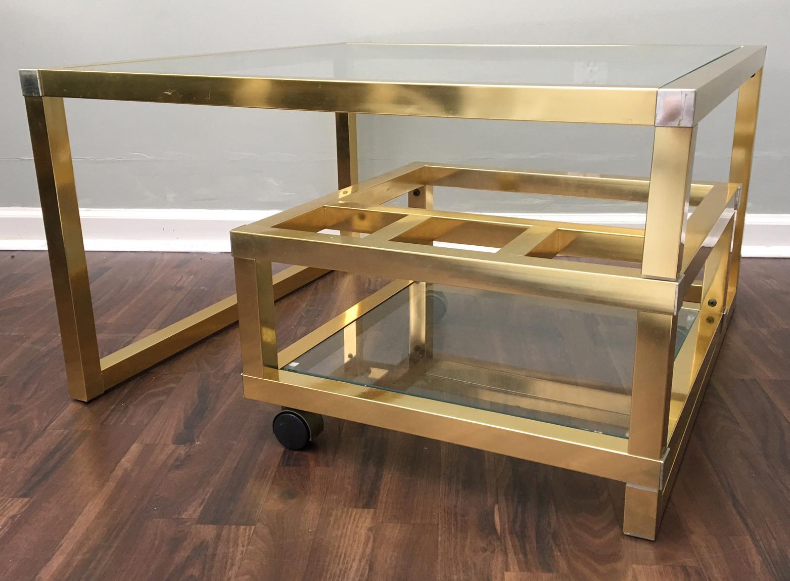 Hollywood Regency Cubist Brass Swivel Coffee Table with Wine Rack after Milo Baughman
