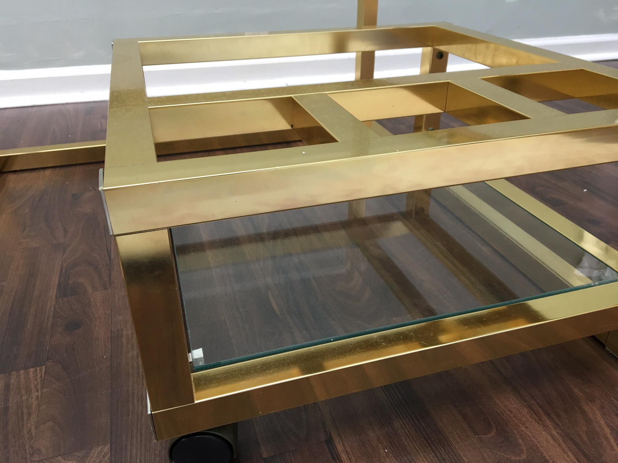 Late 20th Century Cubist Brass Swivel Coffee Table with Wine Rack After Milo Baughman