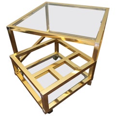Cubist Brass Swivel Coffee Table with Wine Rack after Milo Baughman