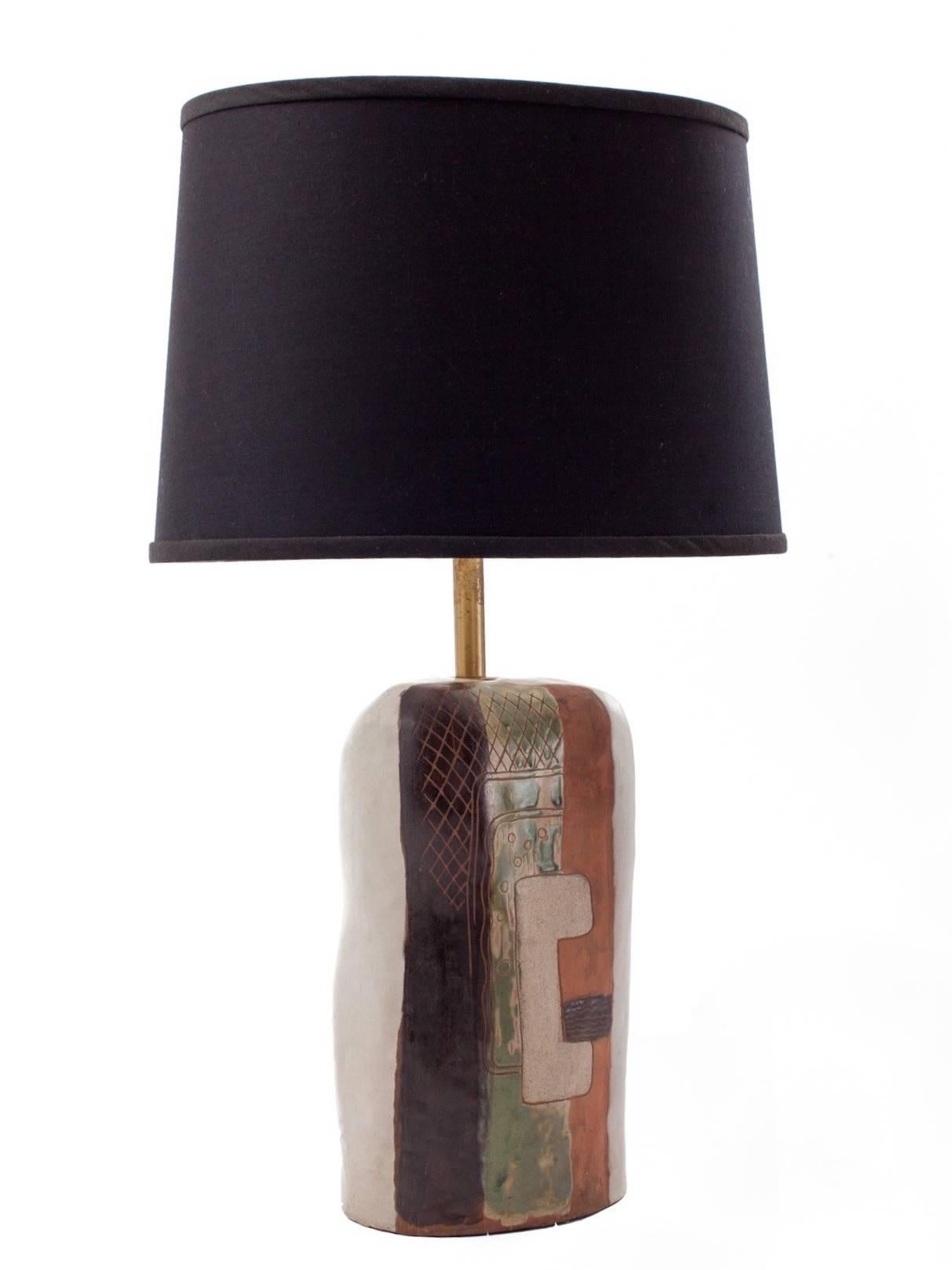Marianna von Allesch (1886-1972)

Biomorphic ceramic table lamp by German-born ceramicist and glassmaker Marianna von Allesch, sgraffito etched with an abstract, Cubist design. With brass mounts and thick bands of green, pink, black, and white