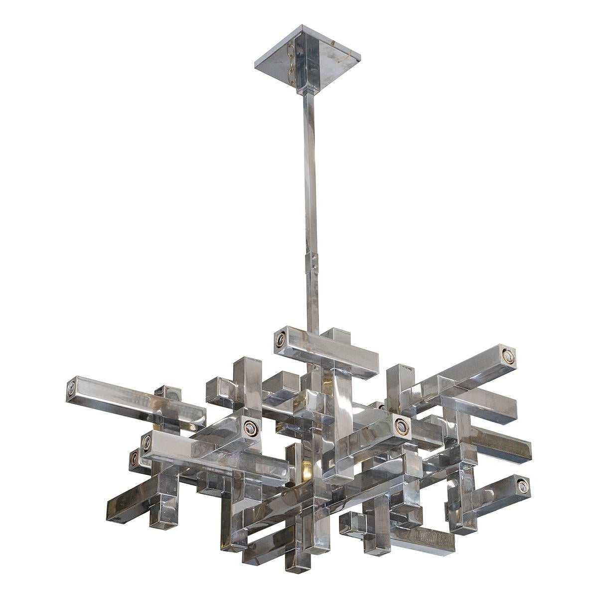 Cubist style chandelier composed of intersecting bars by Sciolari.