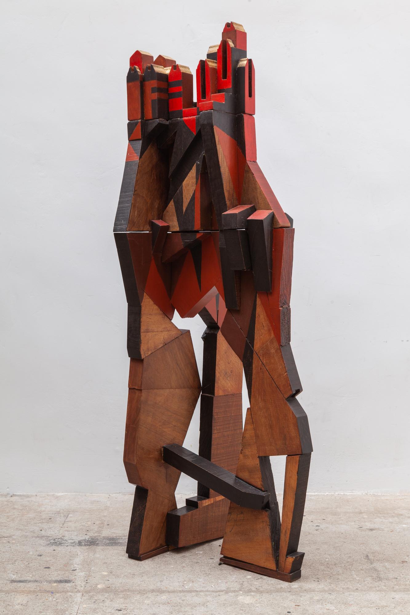 Cubist Cityscape Wood Sculpture Mid-Century Modern, Belgium, 1960s In Good Condition In Antwerp, BE
