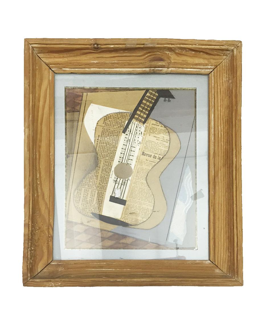 French Cubist Gutar Collage in Wooden Frame Dated 1929 For Sale