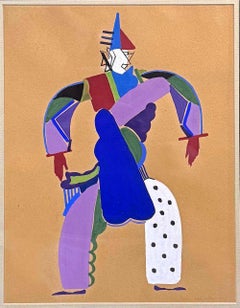 "Cubist Dancer", Masterful Art Deco Painting of Ballet Costume in Blue & Purple