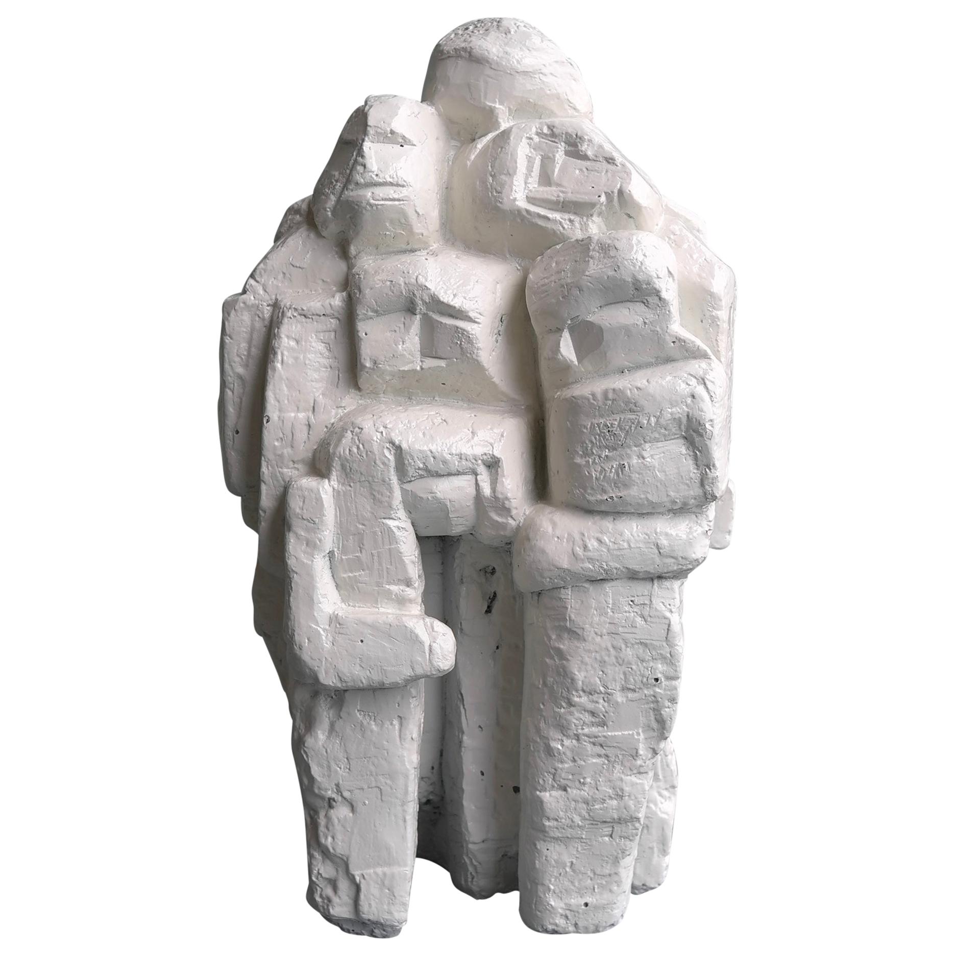 Cubist Decorative White Plaster Sculpture, Group Hug Family, Abstract Art, 1950s