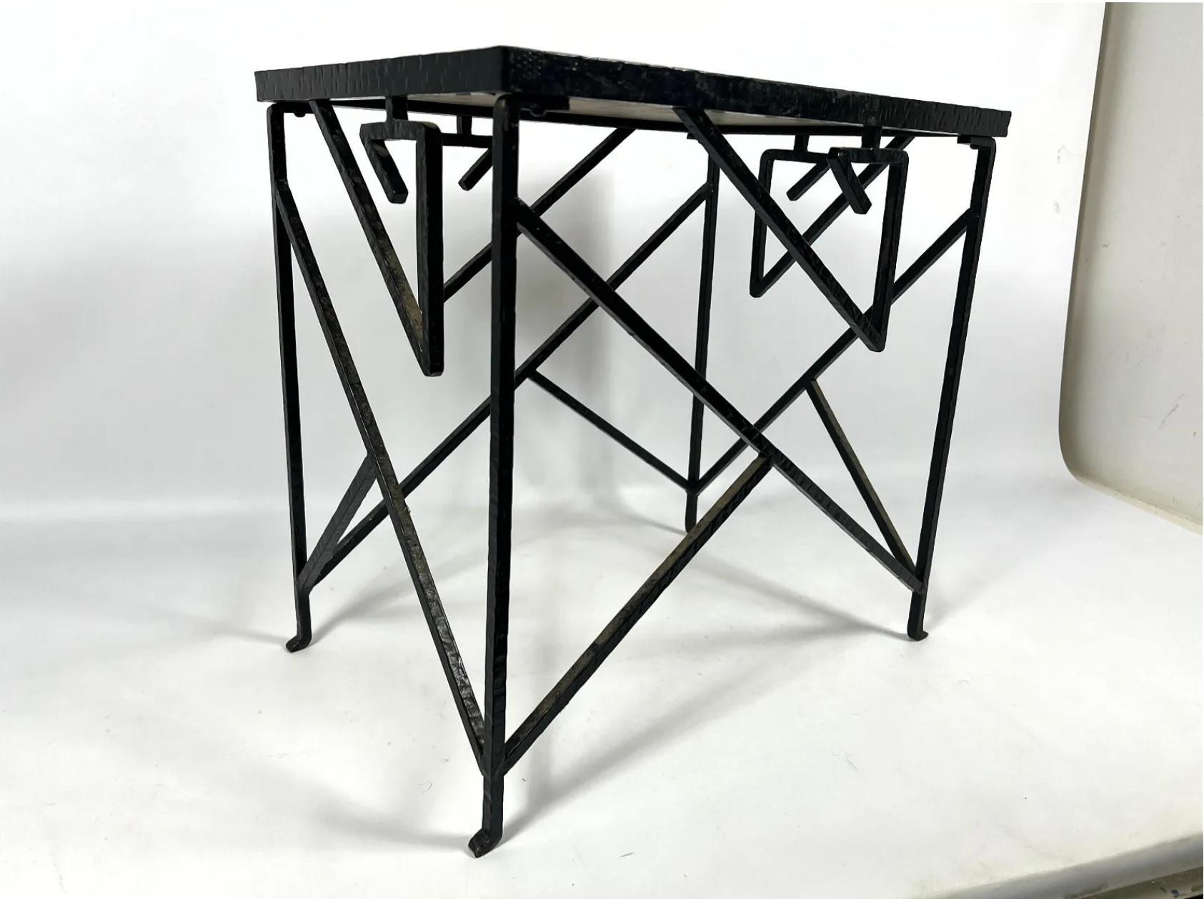 Art Deco Cubist End Table with Hand-Wrought Black Iron Base and Stone Top, circa 1930 For Sale