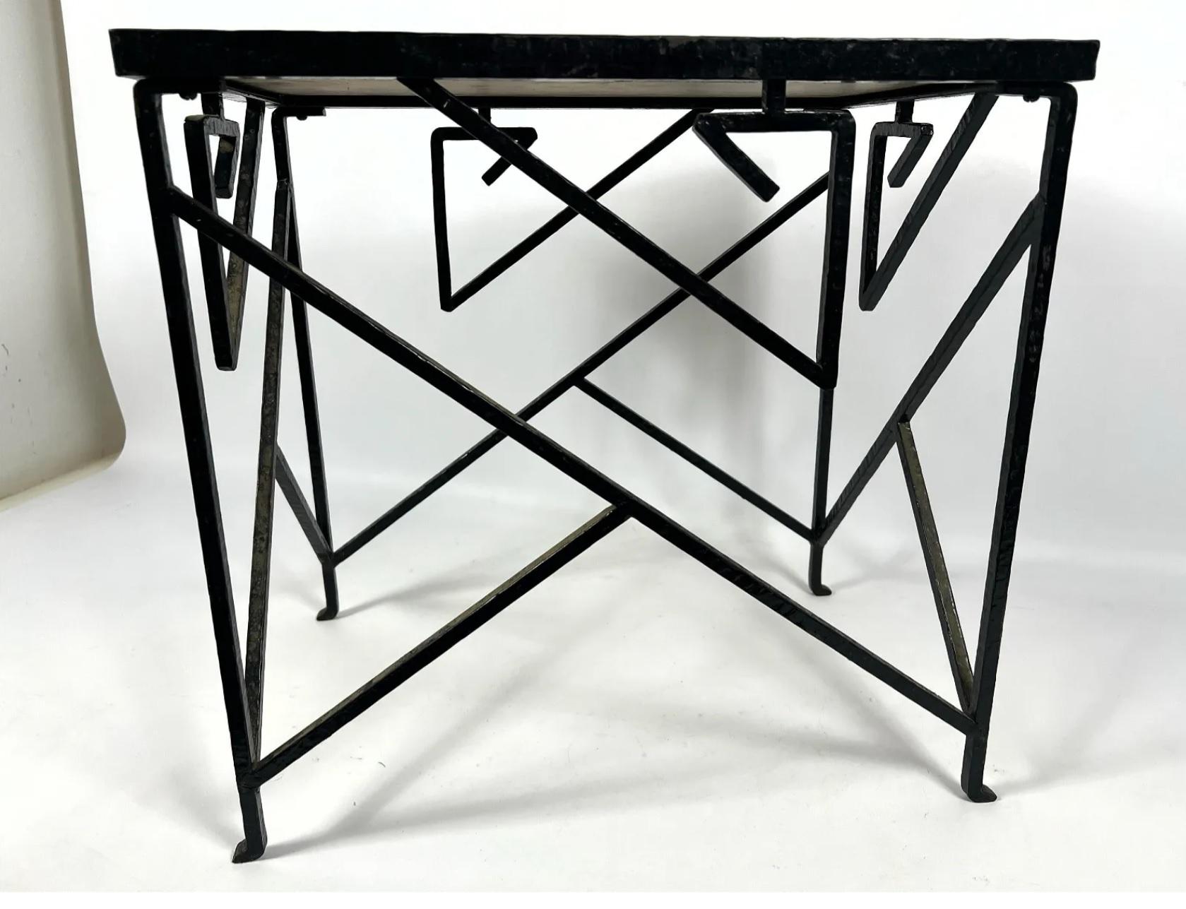 French Cubist End Table with Hand-Wrought Black Iron Base and Stone Top, circa 1930 For Sale