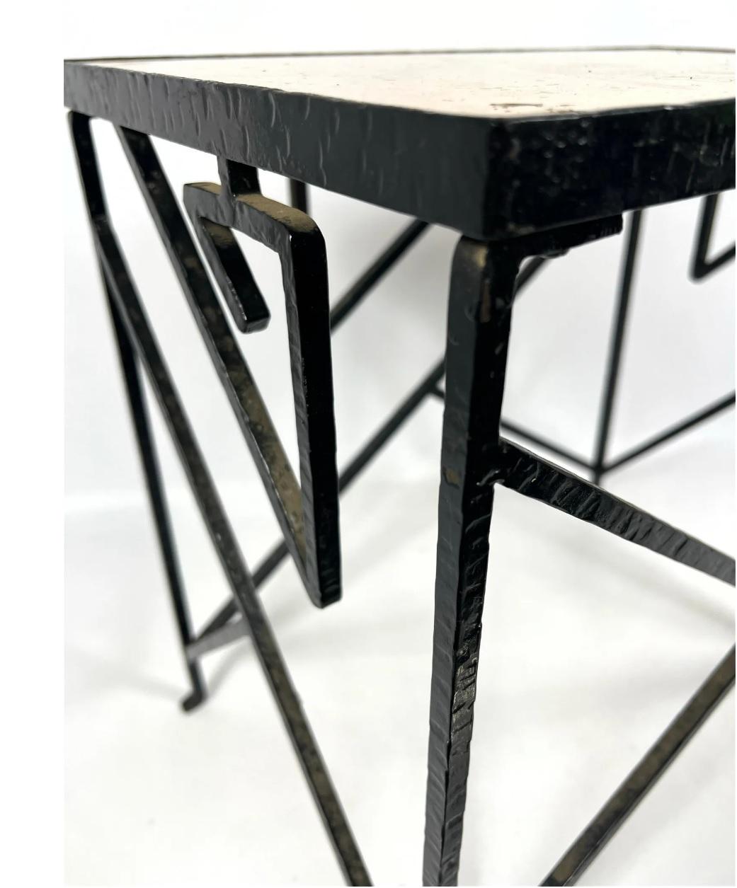 Cubist End Table with Hand-Wrought Black Iron Base and Stone Top, circa 1930 In Good Condition For Sale In Chicago, IL