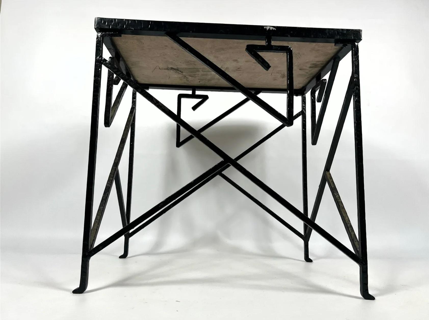 Mid-20th Century Cubist End Table with Hand-Wrought Black Iron Base and Stone Top, circa 1930 For Sale