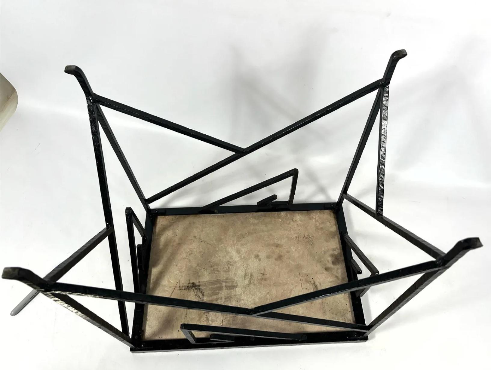 Wrought Iron Cubist End Table with Hand-Wrought Black Iron Base and Stone Top, circa 1930 For Sale