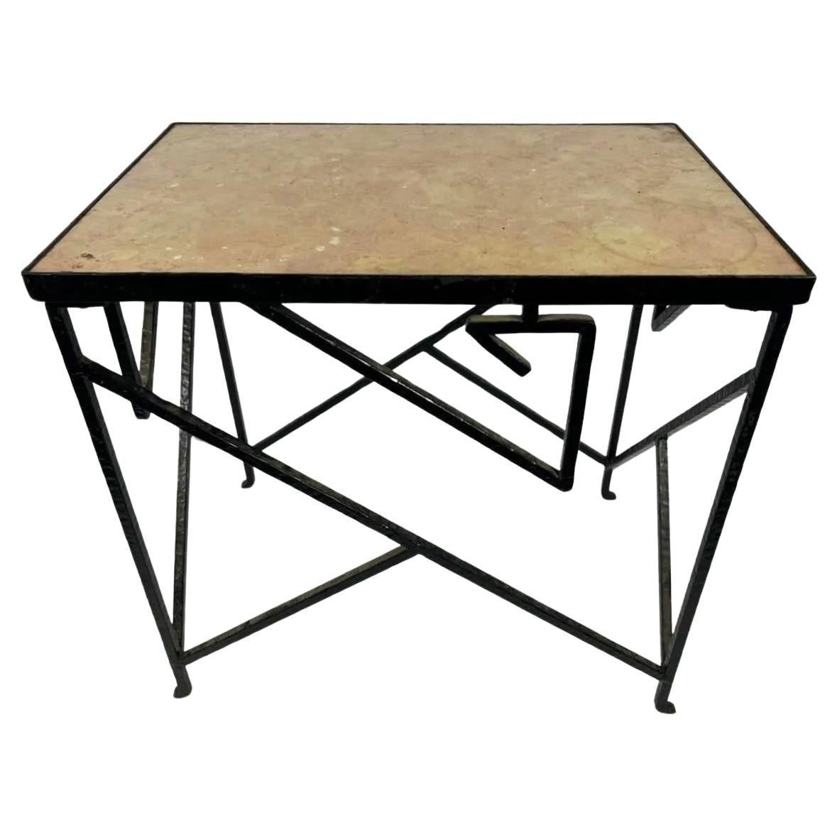 Cubist End Table with Hand-Wrought Black Iron Base and Stone Top, circa 1930 For Sale