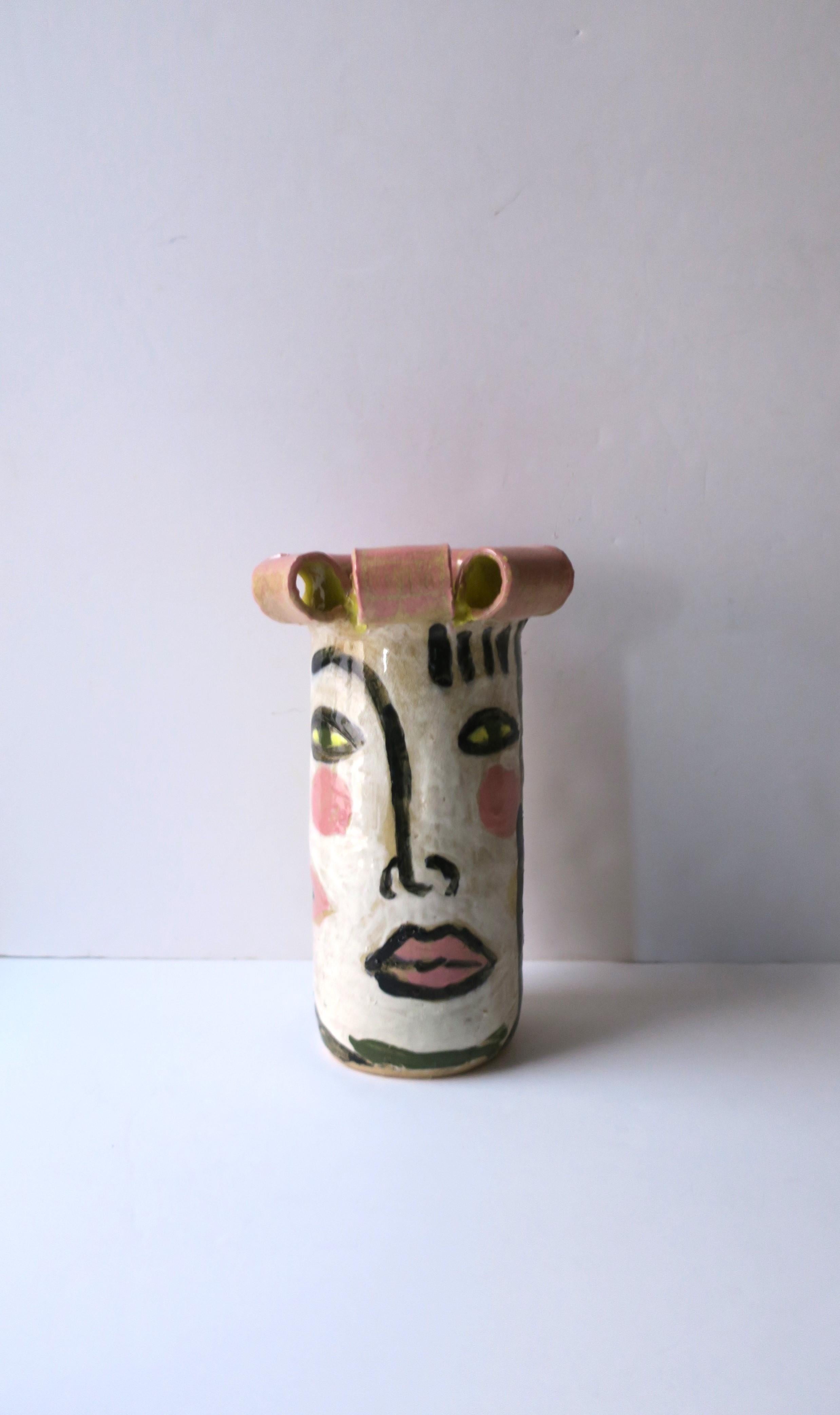 Cubist Face Studio Pottery Sculpture Vase in the Style of Picasso, 1989 For Sale 4