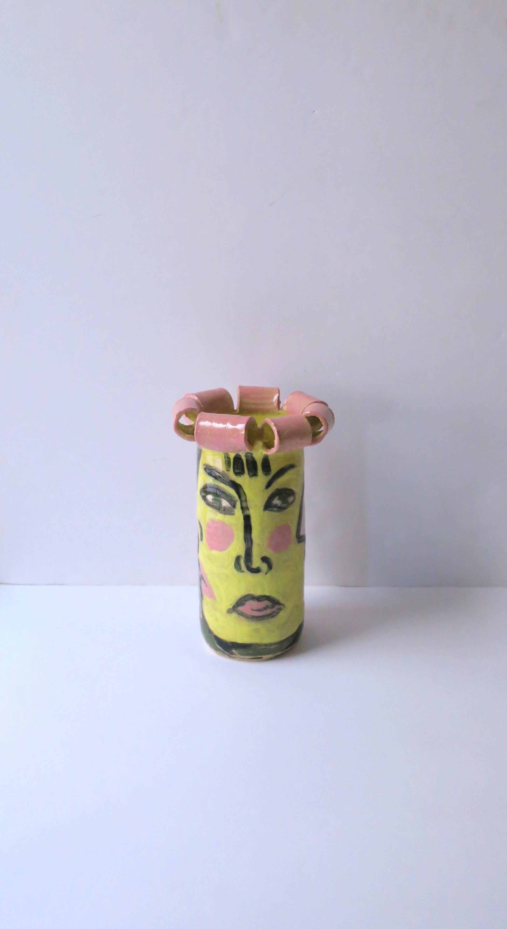 Glazed Cubist Face Studio Pottery Sculpture Vase in the Style of Picasso, 1989 For Sale