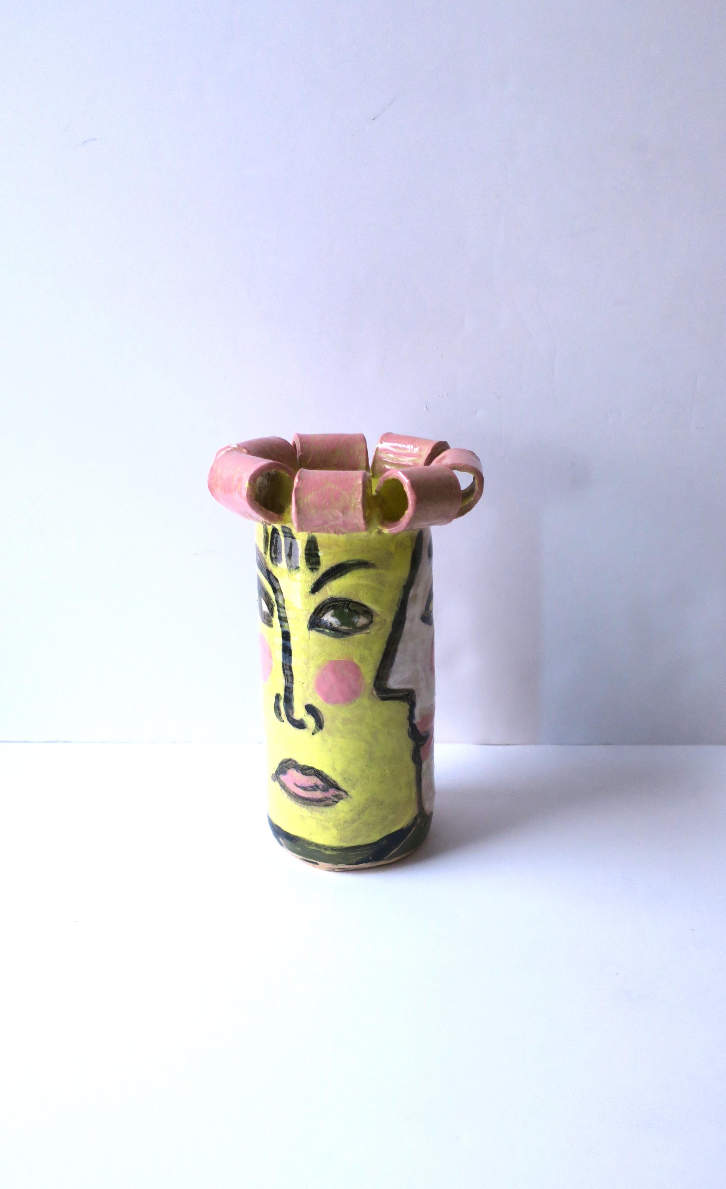20th Century Cubist Face Studio Pottery Sculpture Vase in the Style of Picasso, 1989 For Sale