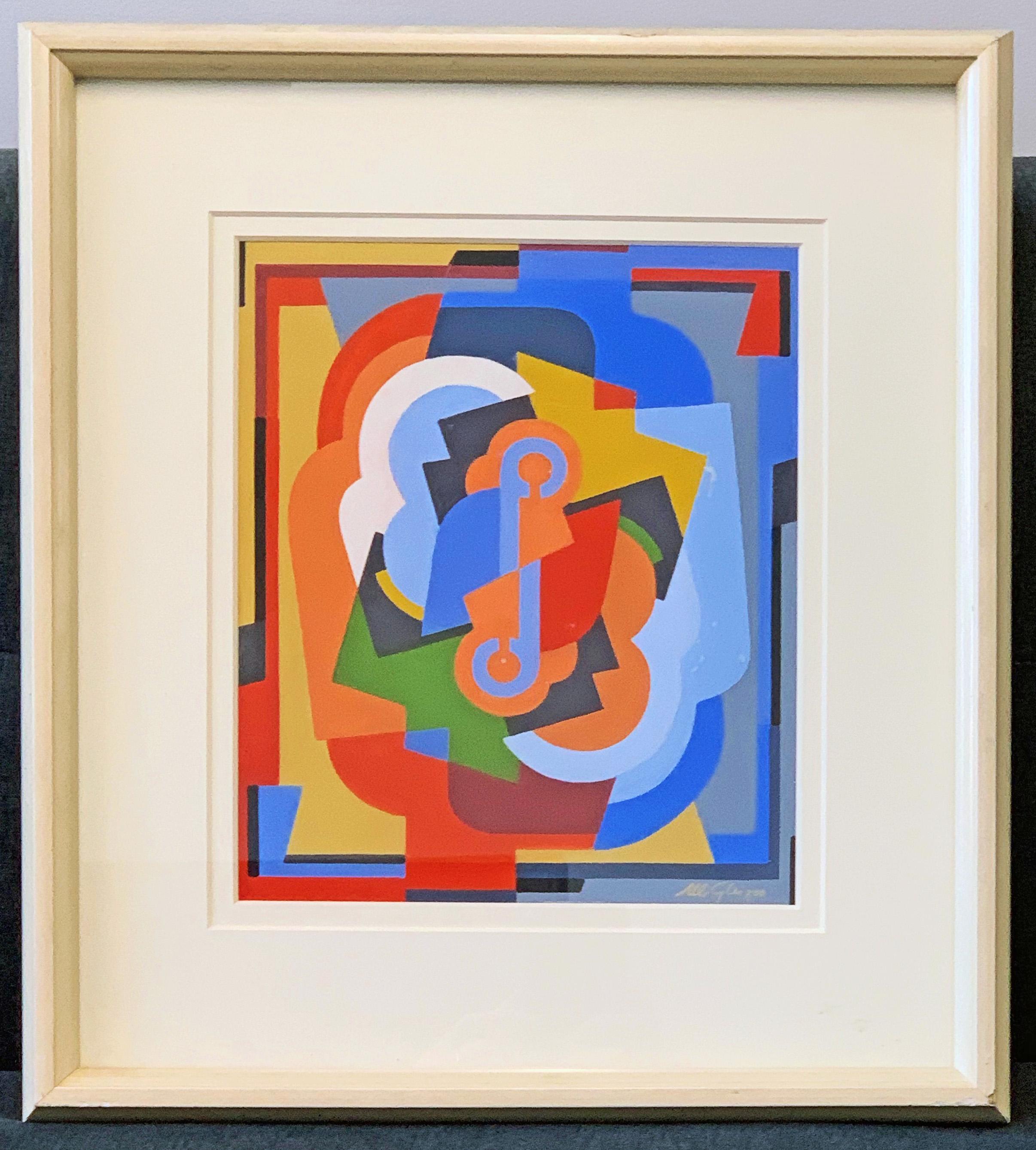 One of the most brilliantly-hued paintings by Albert Gleizes we have seen, this highly abstract Cubist work is a rotating knot of curving forms in periwinkle, carmen, olive green, sky blue, burnt sienna and grey flannel, as vivid now as when it was