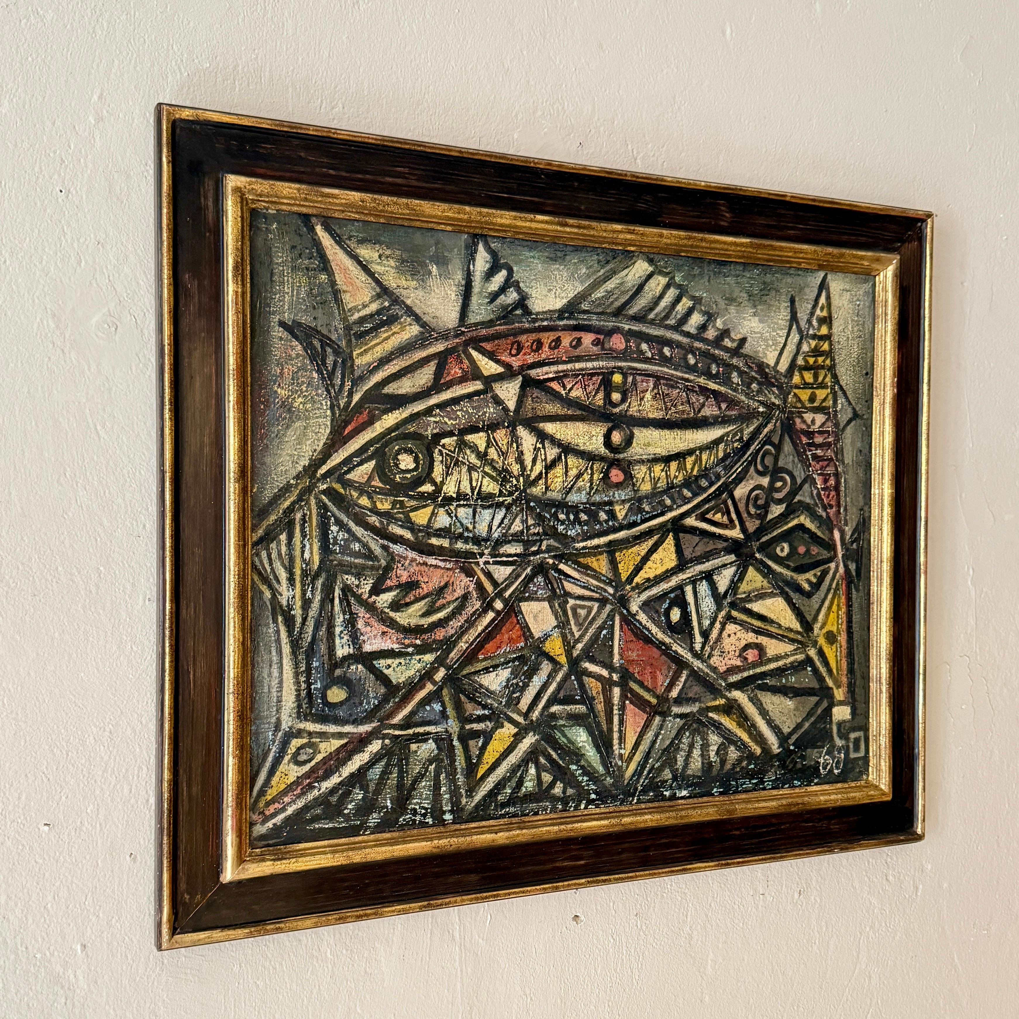A striking Cubist French painting, dated 1968, that embodies the dynamic energy of postwar European abstraction. The composition is dominated by bold geometric forms, intersecting lines, and layered shapes that create a sense of rhythm and movement.