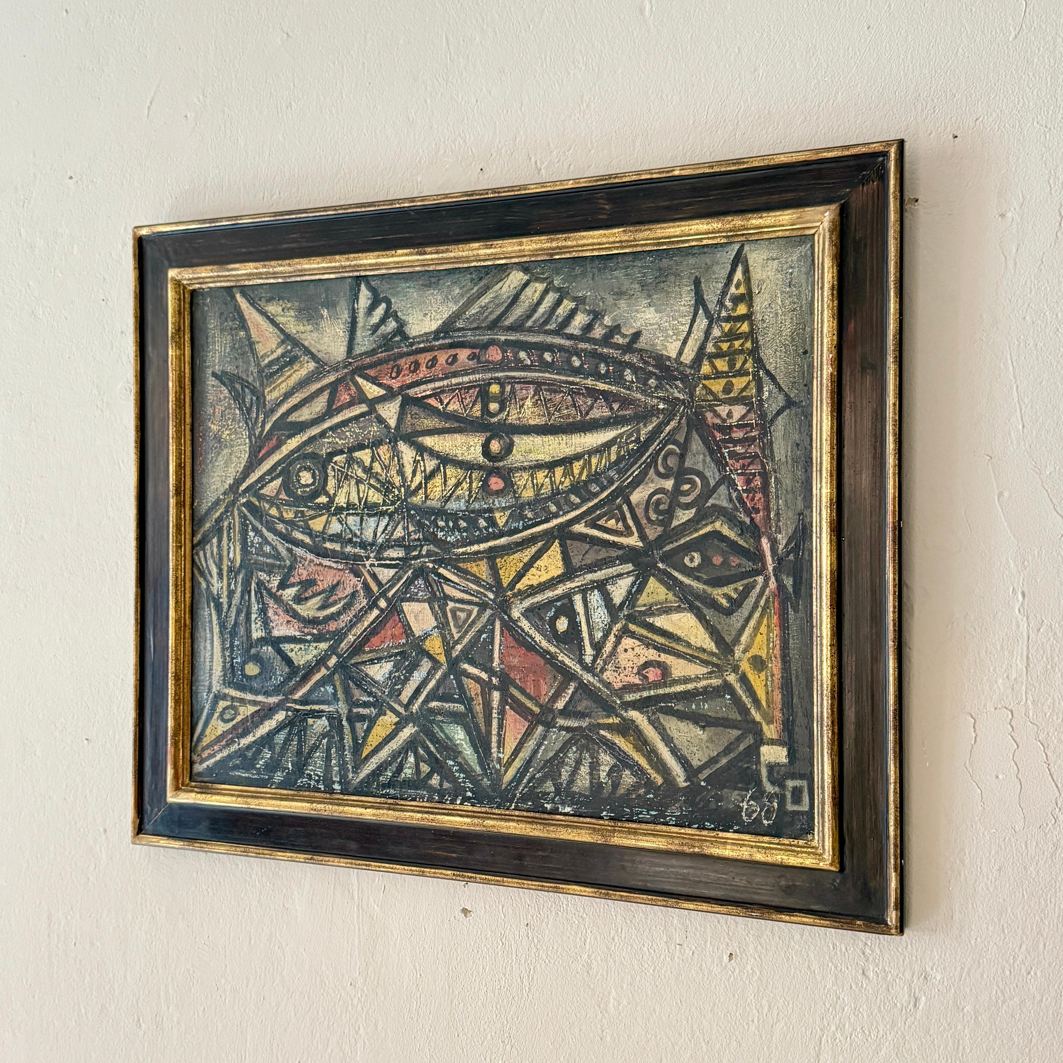 Art Deco Cubist French Painting, 1968  Abstract Geometric Composition with Bold Lines For Sale