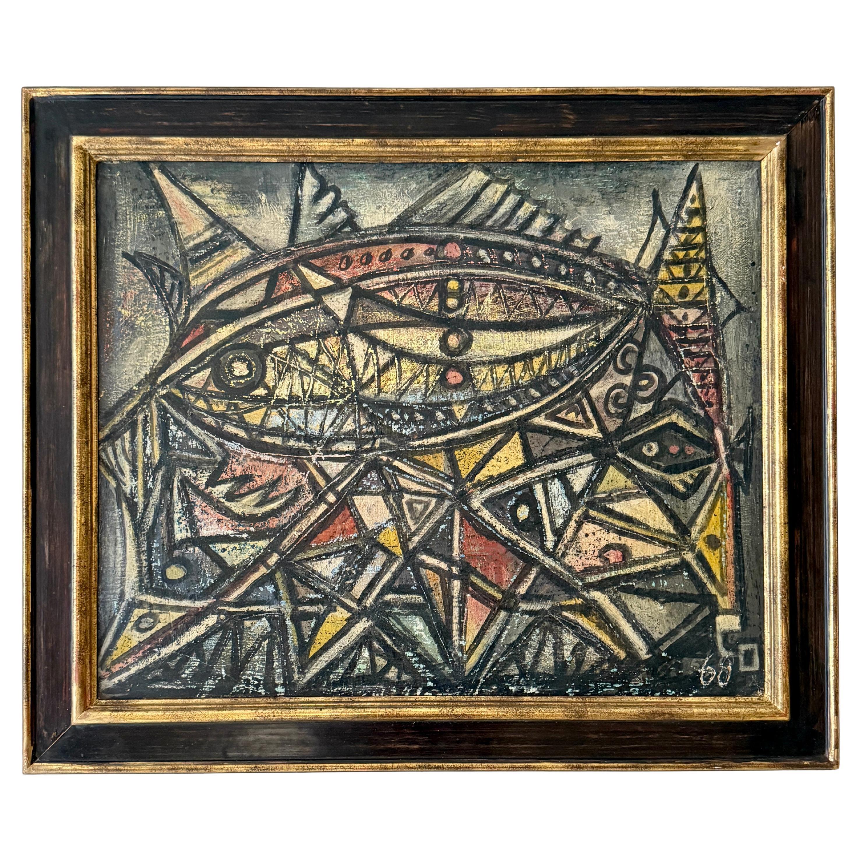 Cubist French Painting, 1968  Abstract Geometric Composition with Bold Lines For Sale
