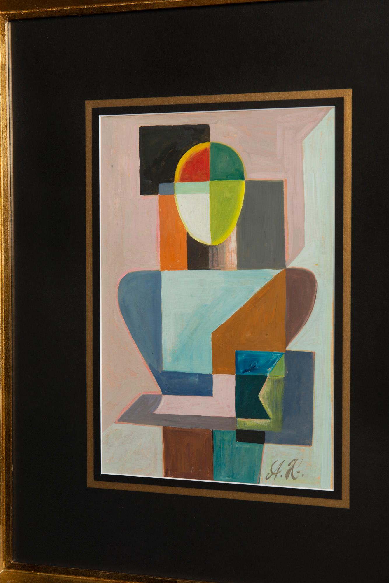 20th century cubist modernist French tempera on paper signed A.R. 1960.