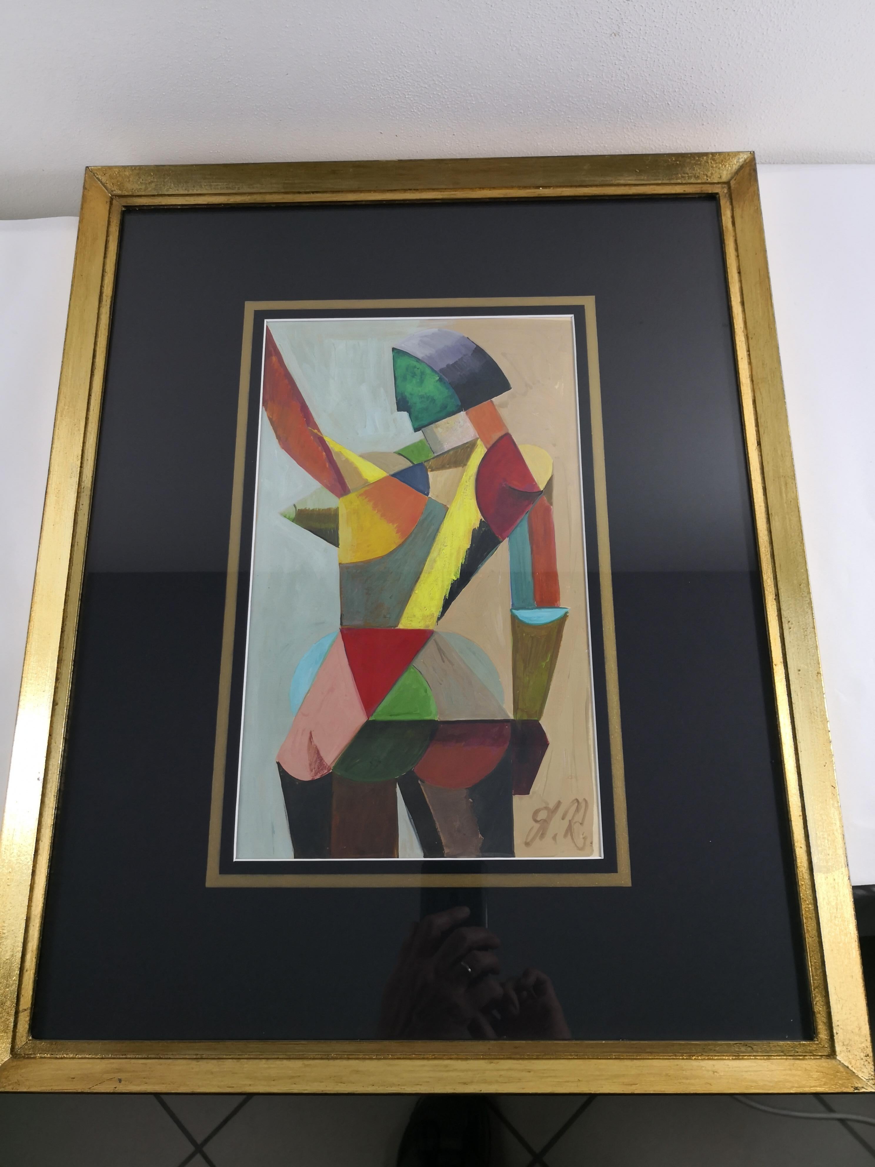 Mid-Century Modern Cubist French Tempera on Paper 
