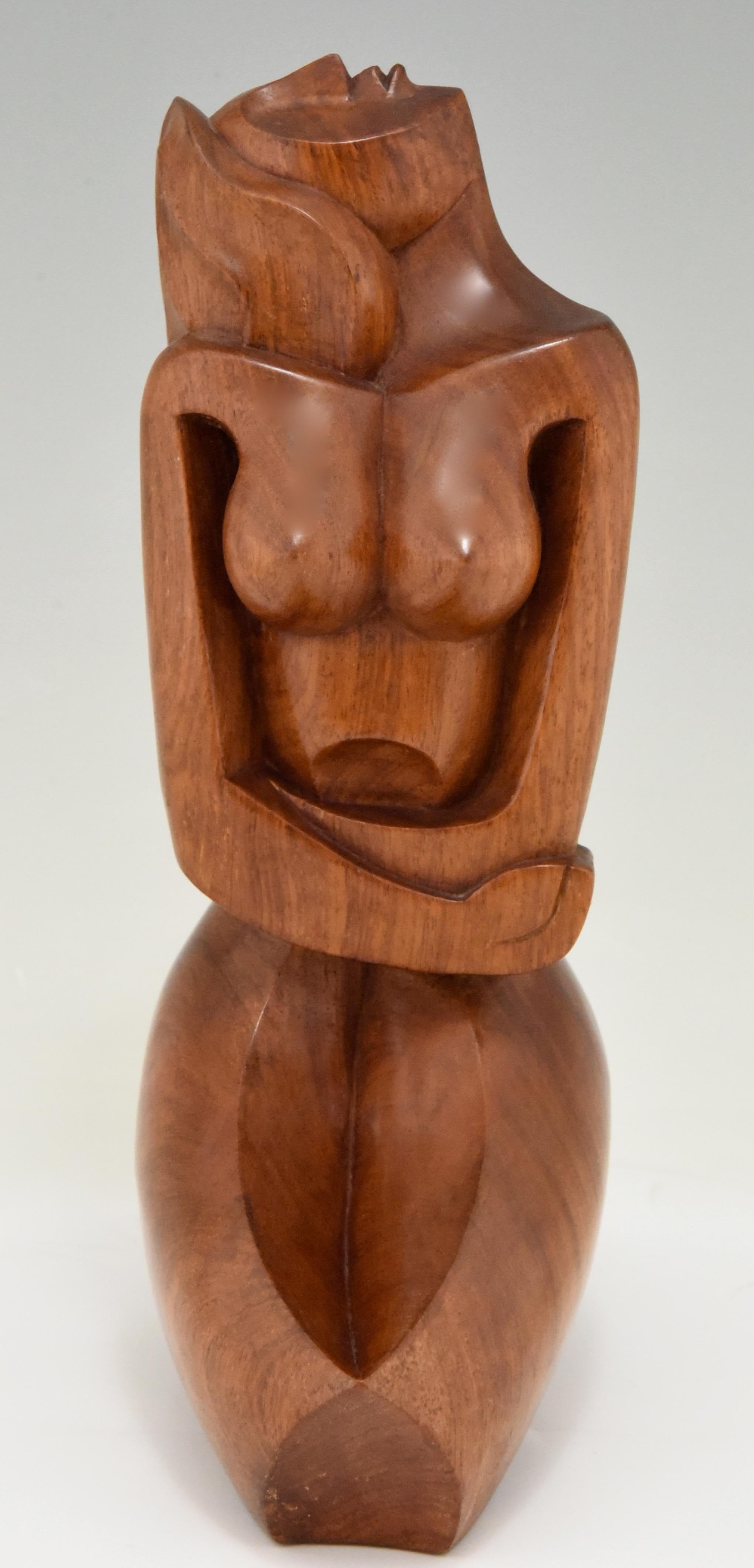 Mid-Century Modern Cubist Hand Carved Wooden Sculpture of a Seated Nude, France, 1960 For Sale