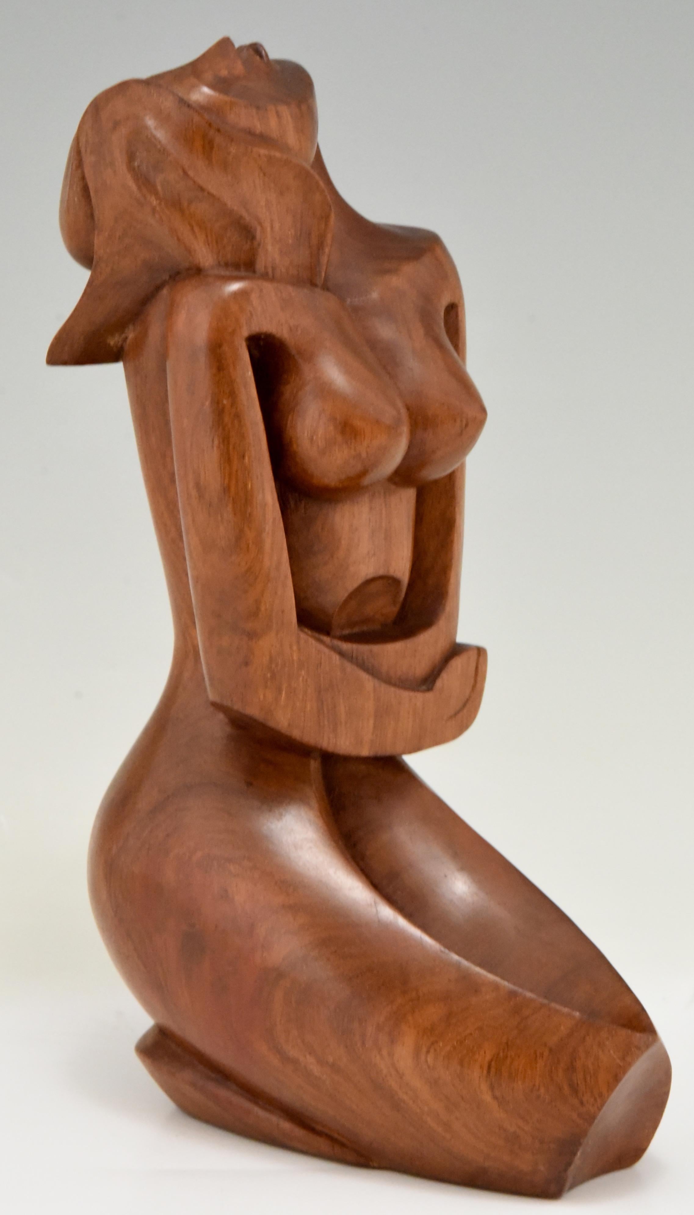 French Cubist Hand Carved Wooden Sculpture of a Seated Nude, France, 1960 For Sale