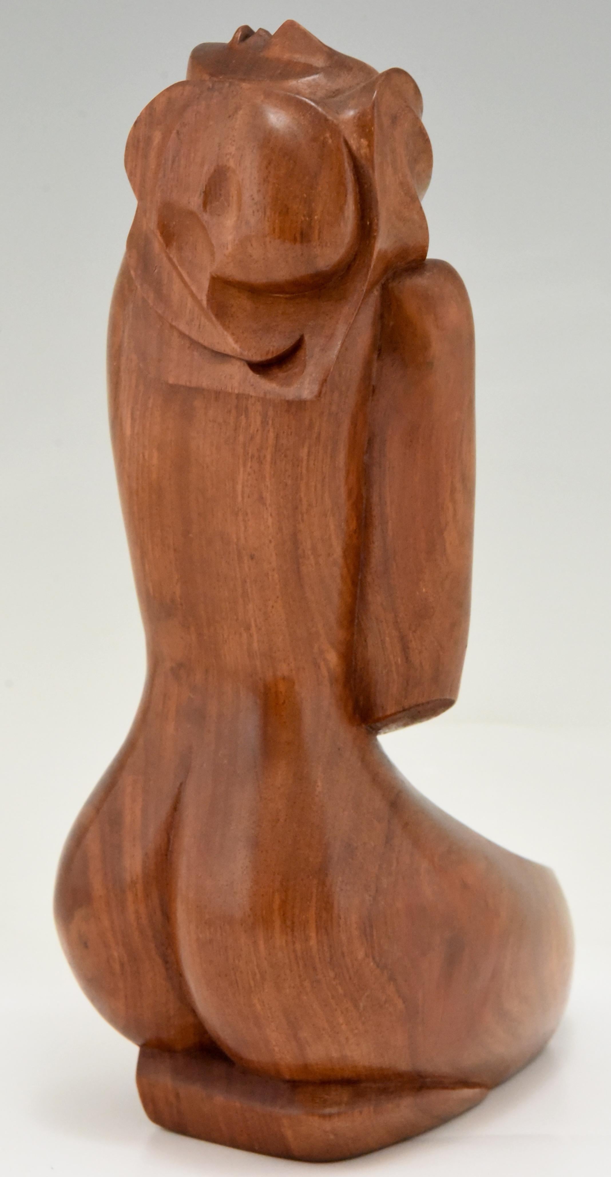 20th Century Cubist Hand Carved Wooden Sculpture of a Seated Nude, France, 1960 For Sale