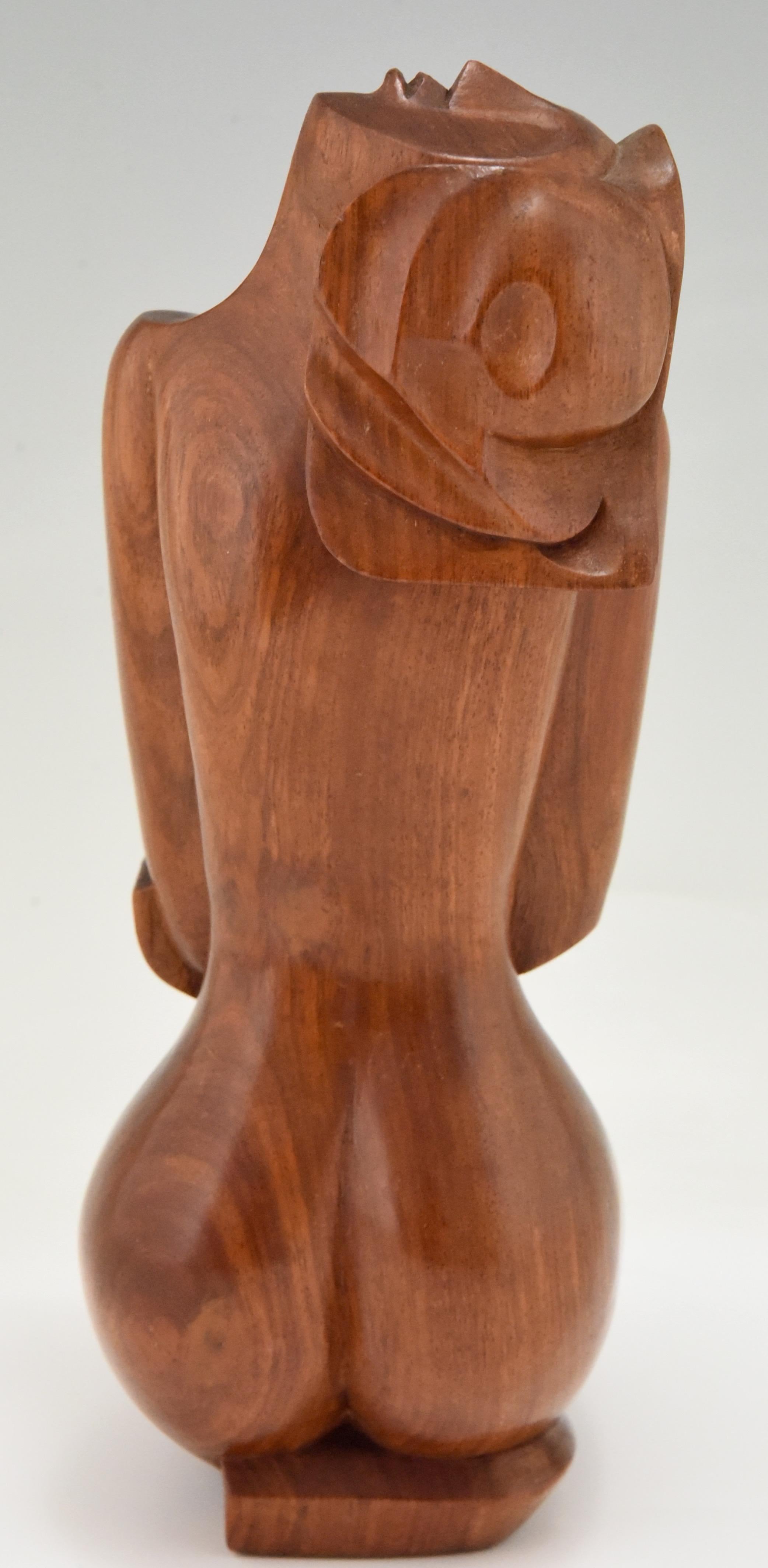 Mahogany Cubist Hand Carved Wooden Sculpture of a Seated Nude, France, 1960 For Sale