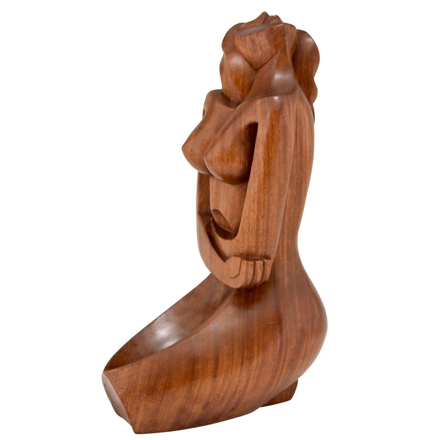 Cubist Hand Carved Wooden Sculpture of a Seated Nude, France, 1960